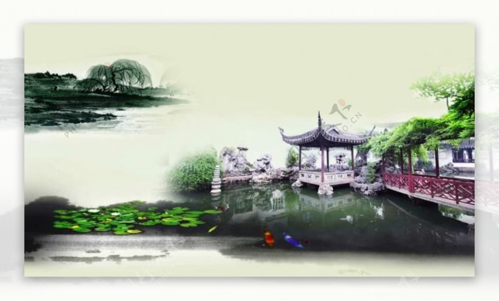 中国风彩色水墨建筑背景大屏视频素材