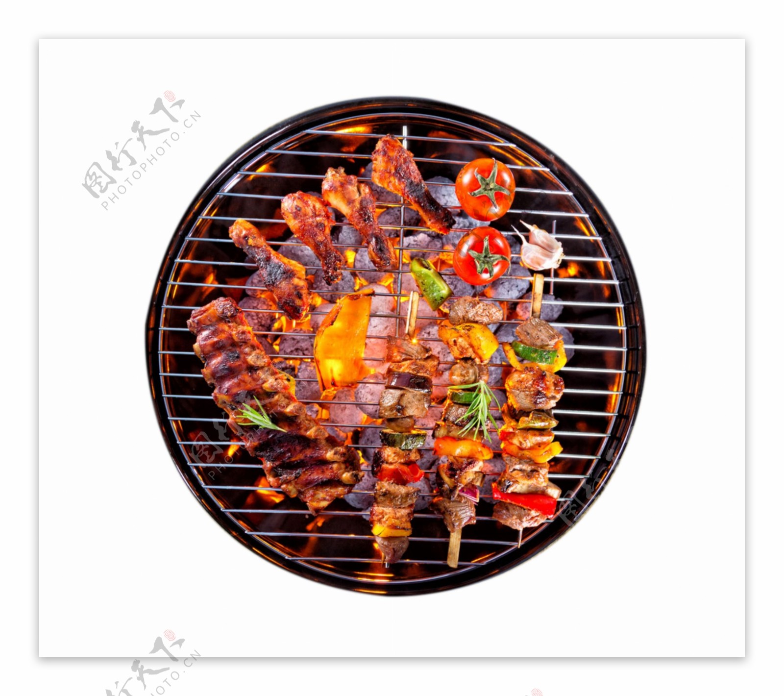 煎烤油炸烧烤烤肉俯视图美味火炉蔬菜鸡腿