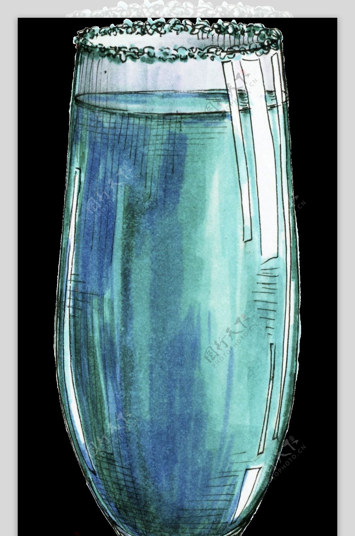 手绘蓝色鸡尾酒透明装饰图案