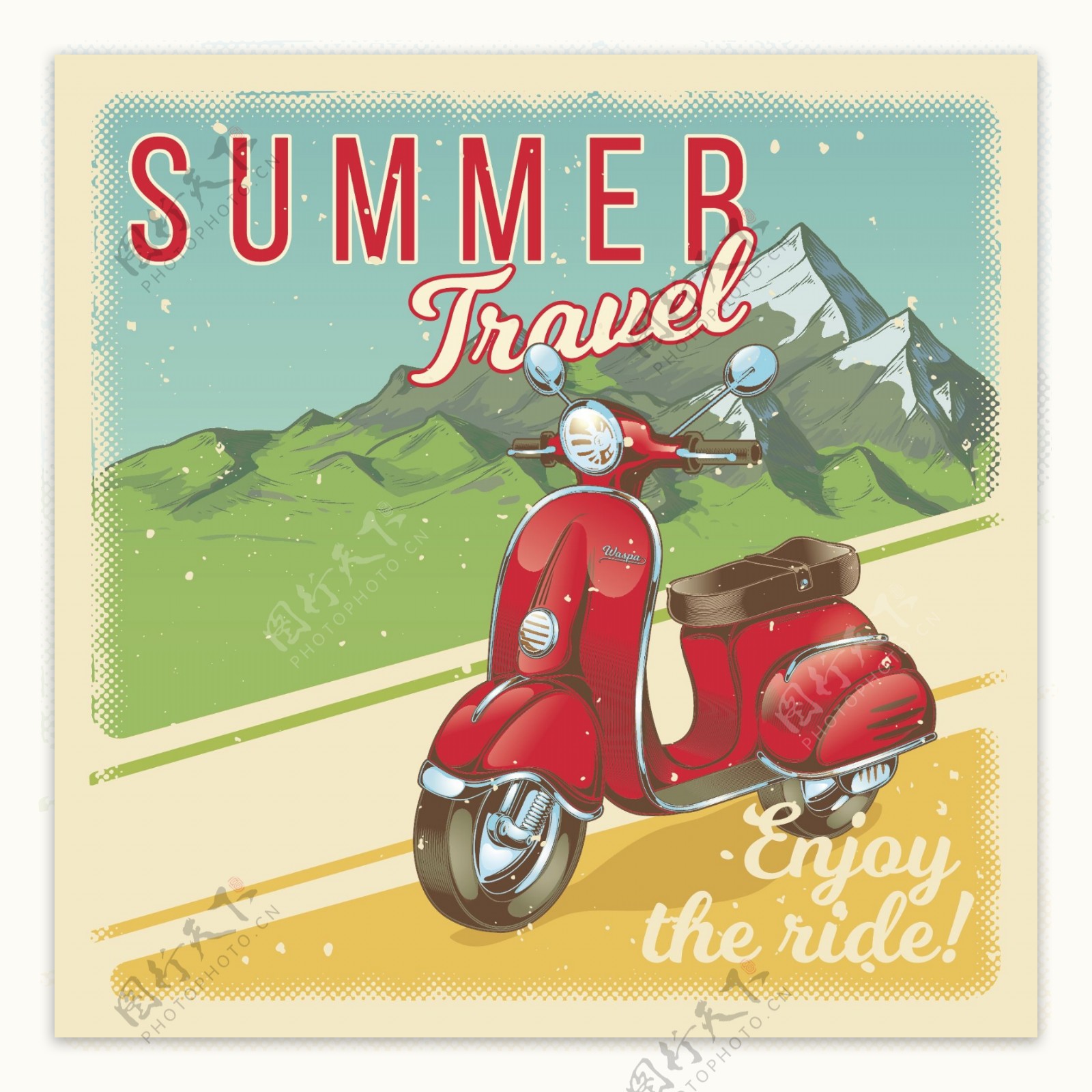 矢量插画红色的老式摩托车的海报风格的垃圾车