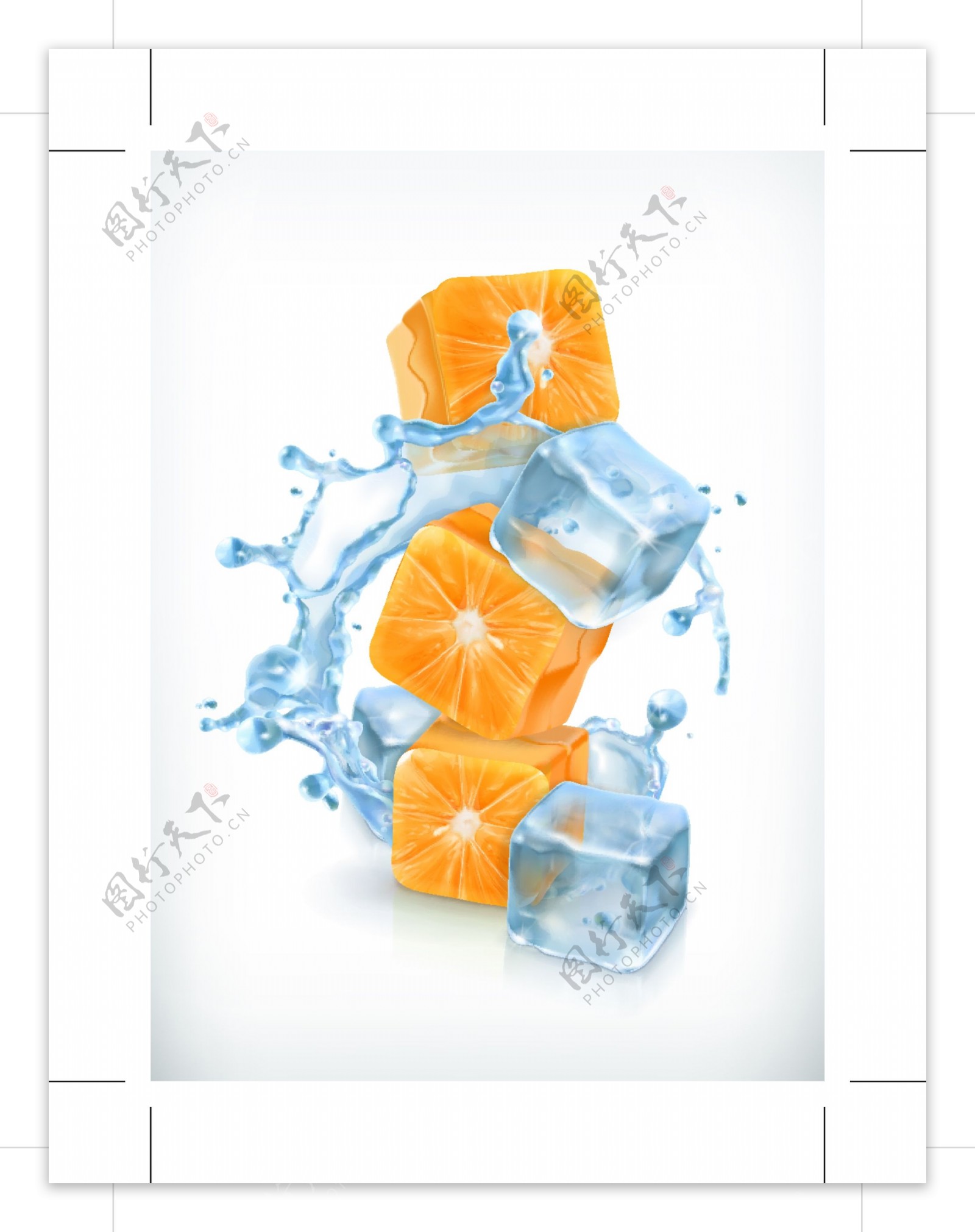 橙子与冰块矢量素材