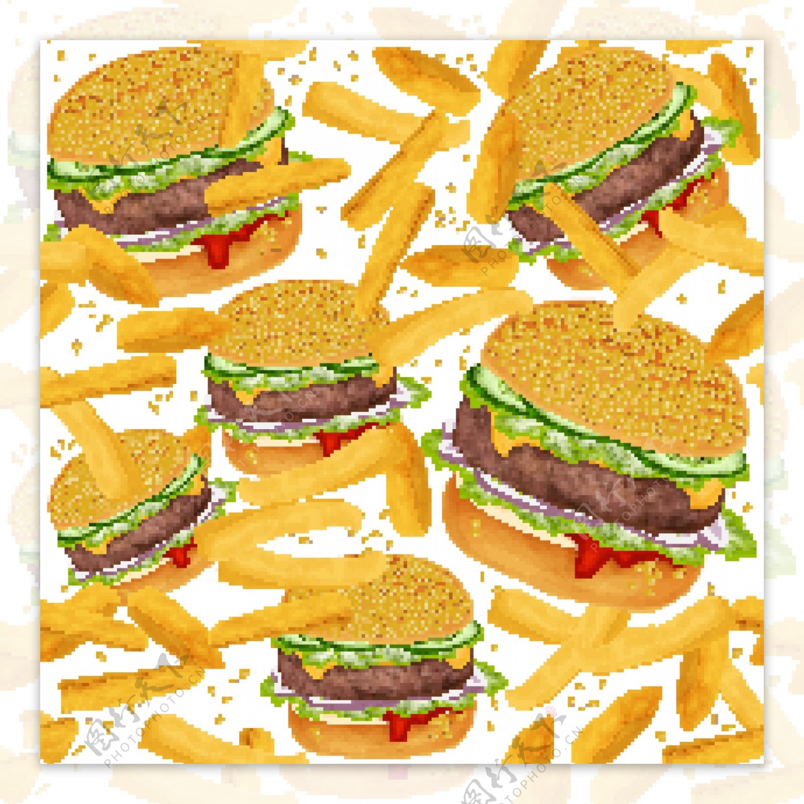 美味汉堡包和薯条无缝背景矢量图