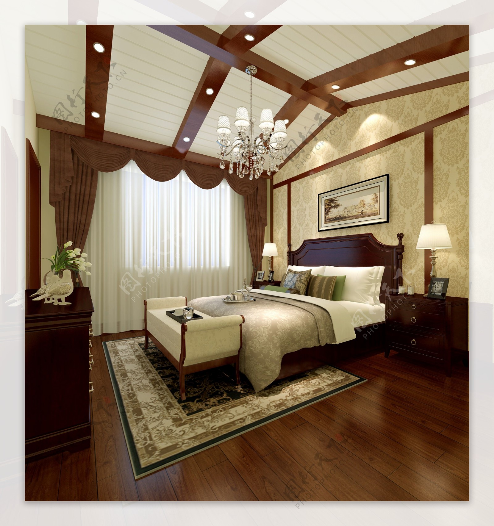 美式清雅卧室欧式花纹地毯室内装修效果图