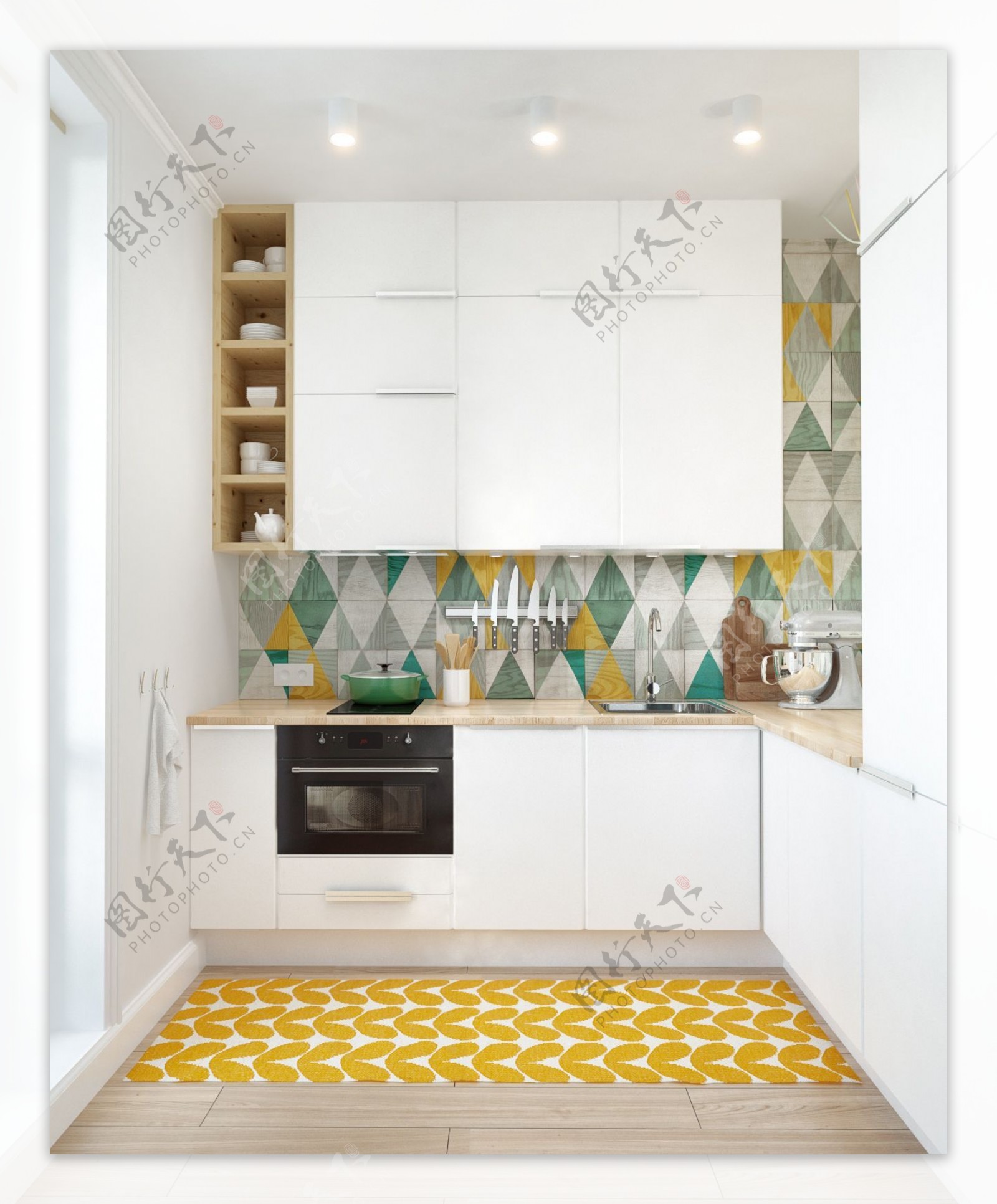 现代混搭风时尚厨房彩色菱形瓷砖装修效果图