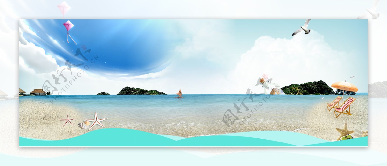 蓝色大海沙滩banner背景素材