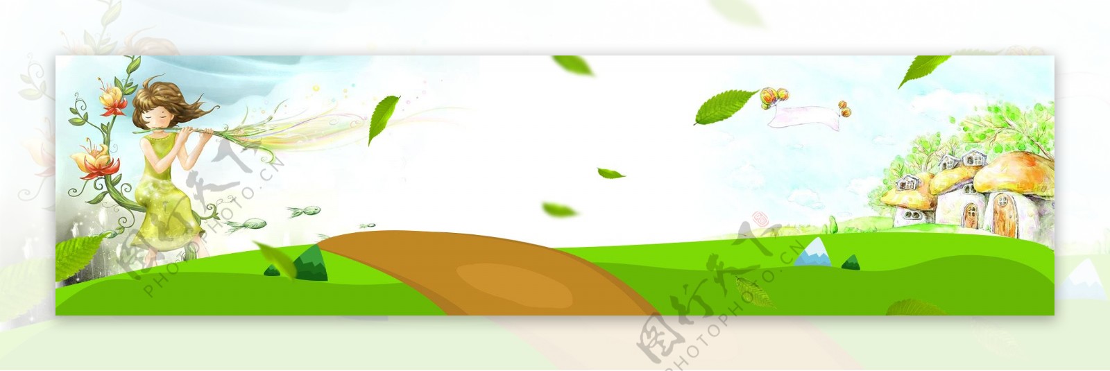 清新绿树卡通漂浮绿叶淘宝banner背景