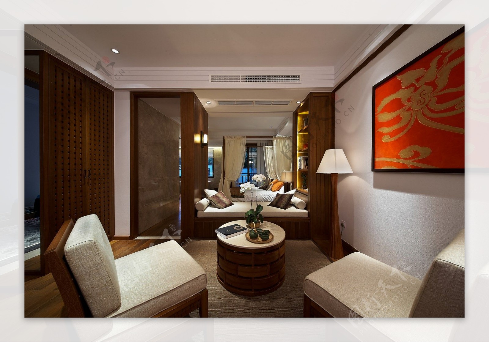 中式奢华客厅红色挂画室内装修效果图