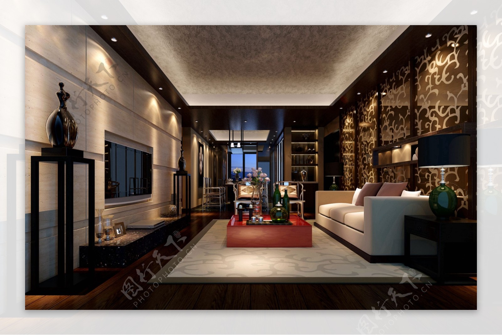 中式典雅奢华客厅金色花纹背景墙室内装修图