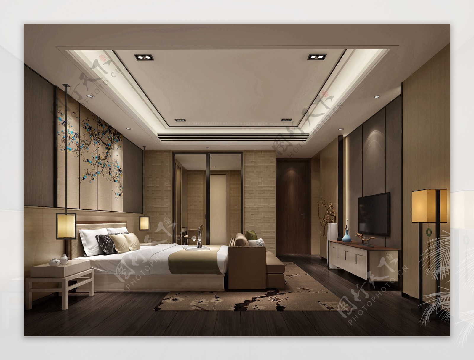现代时尚卧室花纹背景墙室内装修效果图