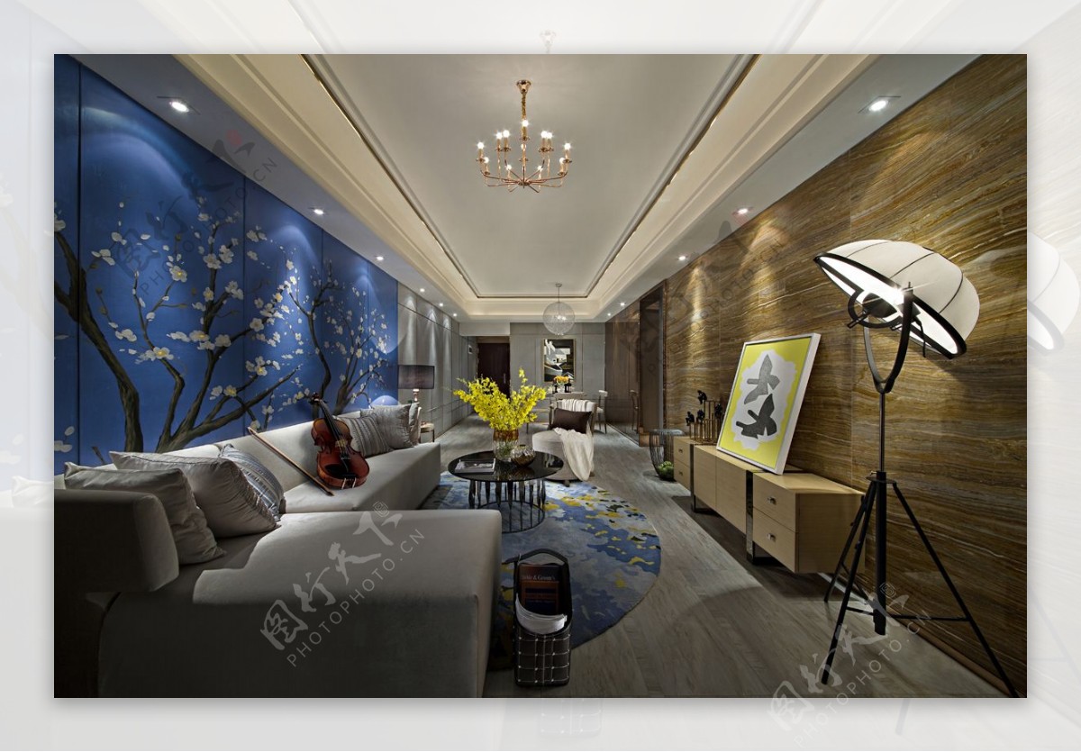 现代时尚客厅浅褐色背景墙室内装修效果图