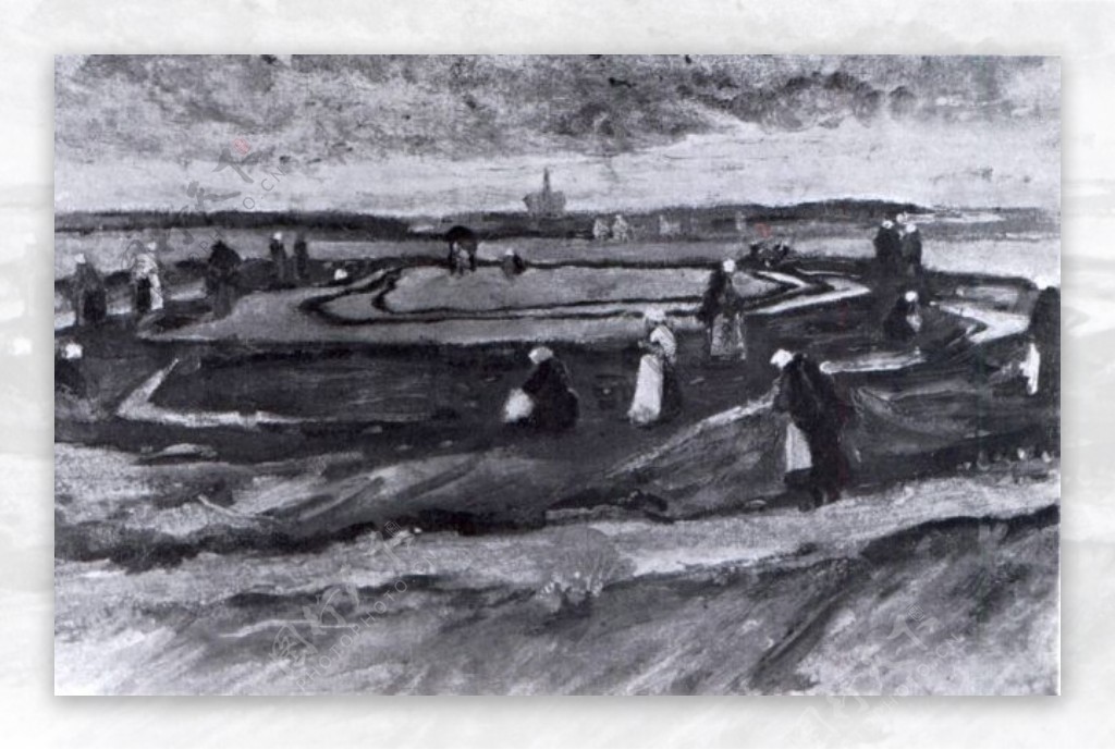 黑白海边劳作人物油画装饰画素材