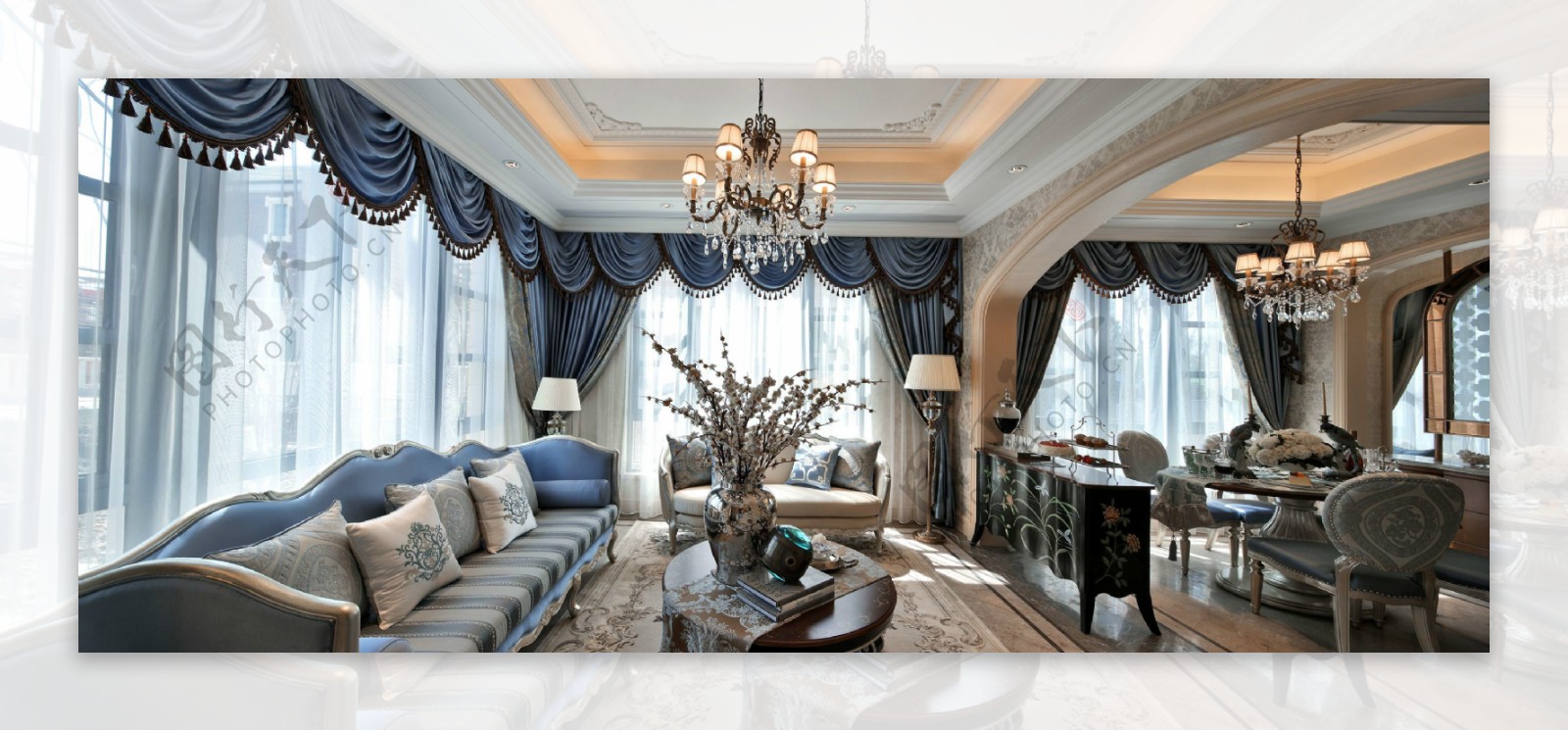 欧式客厅蓝色窗帘效果图