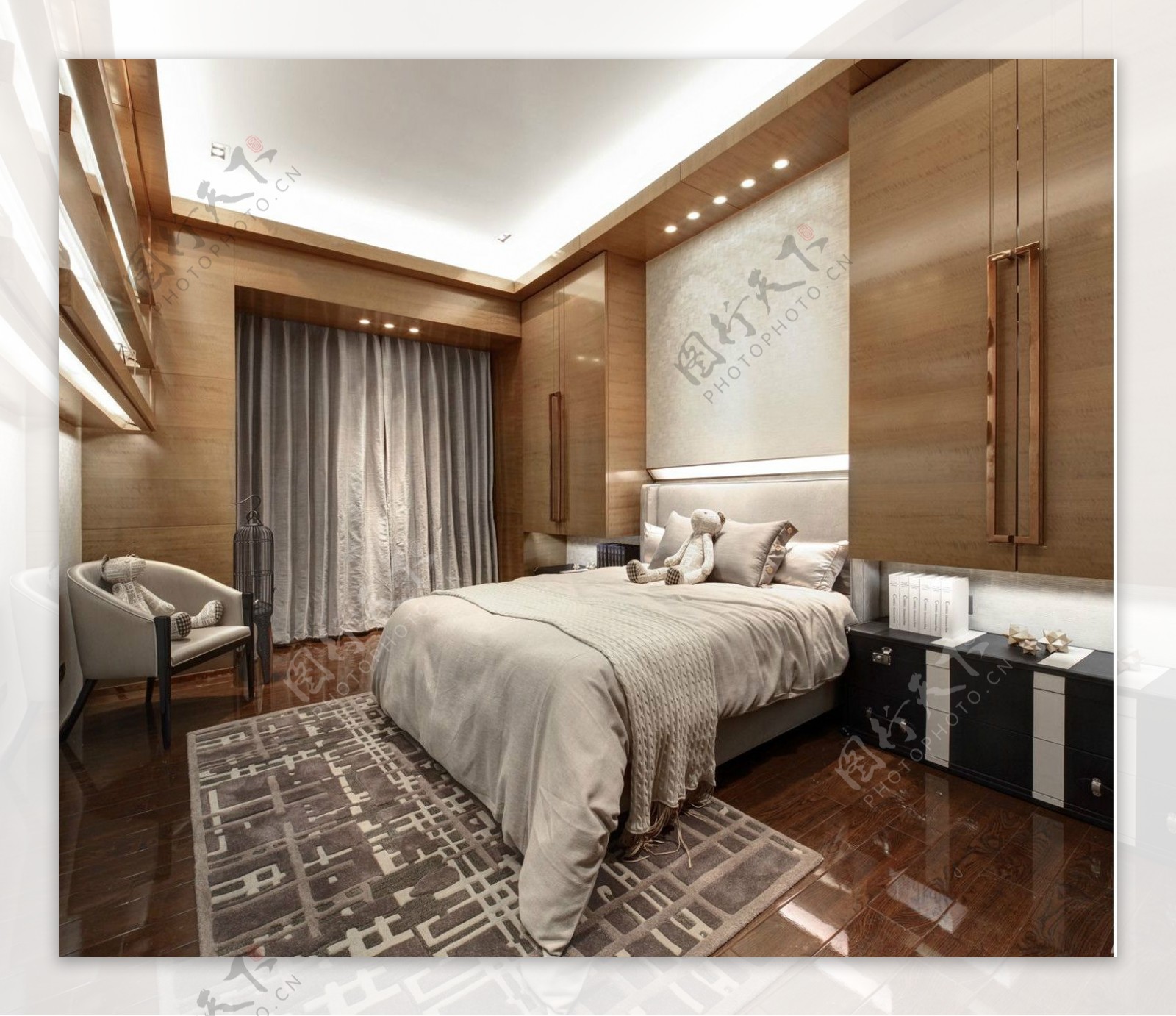现代时尚卧室褐色条纹地毯室内装修效果图
