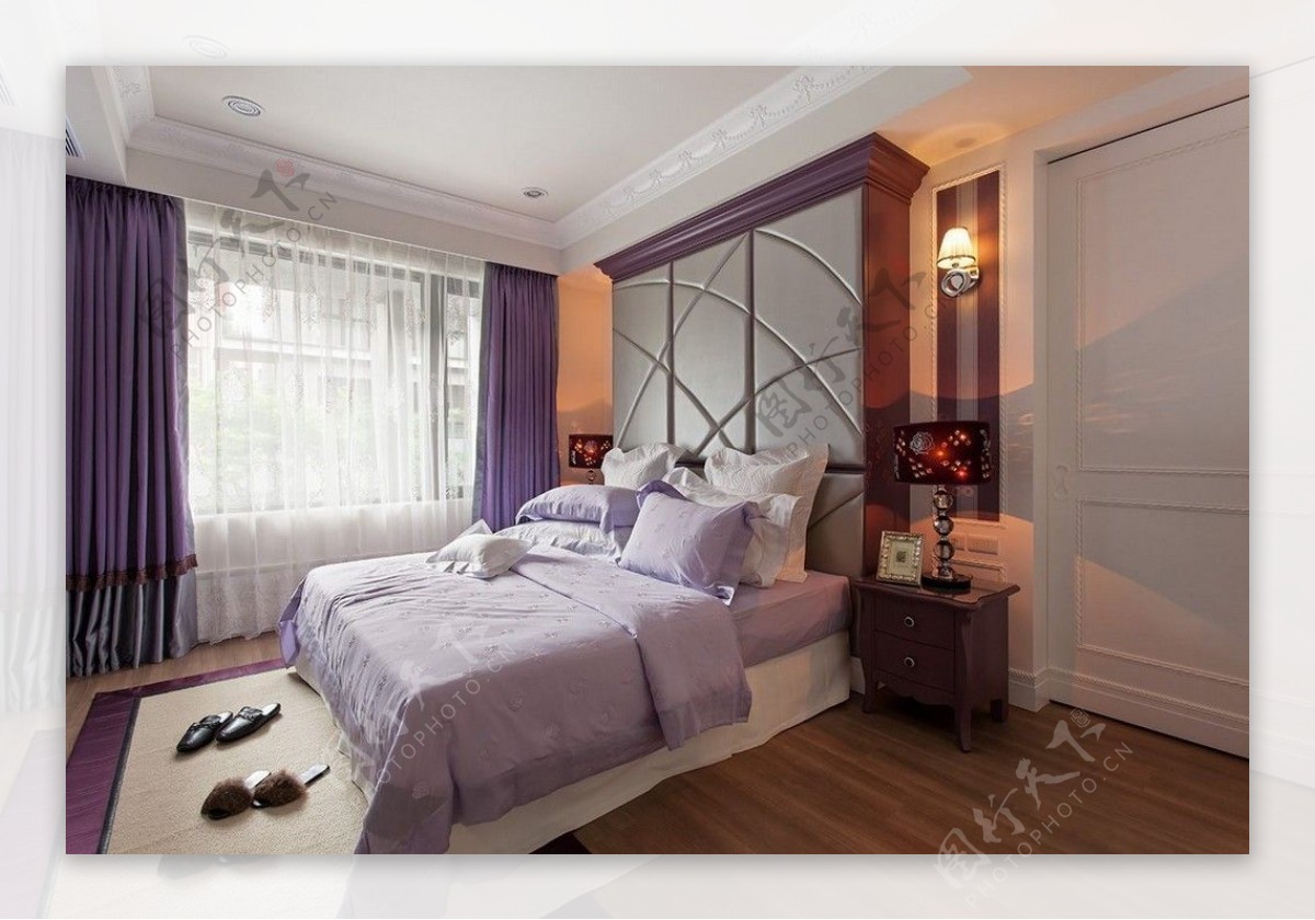 现代时尚卧室紫色窗帘室内装修效果图