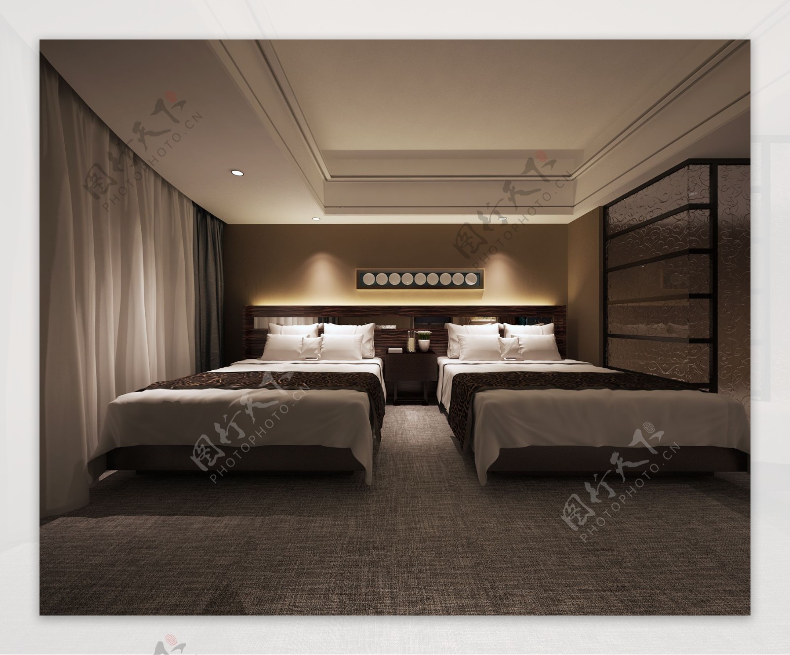 现代时尚卧室双人床白色窗帘室内装修效果图