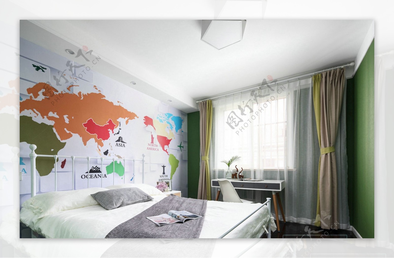 现代时尚地图花纹背景墙卧室室内装修效果图