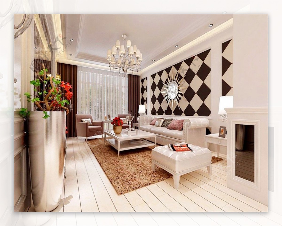 130平米欧式长方形客厅沙发背景墙效果图