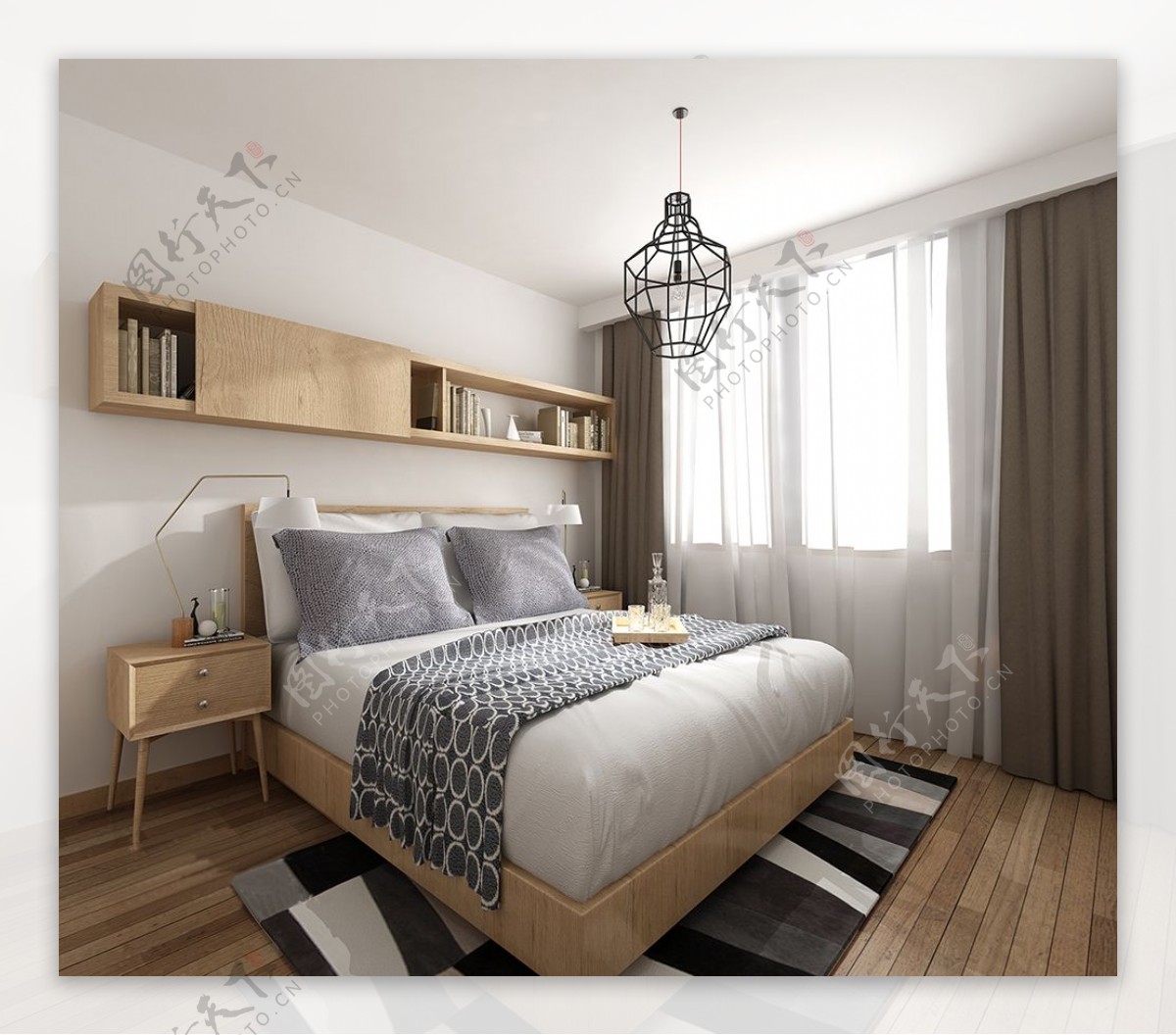新中式简约温馨卧室床头挂壁效果图