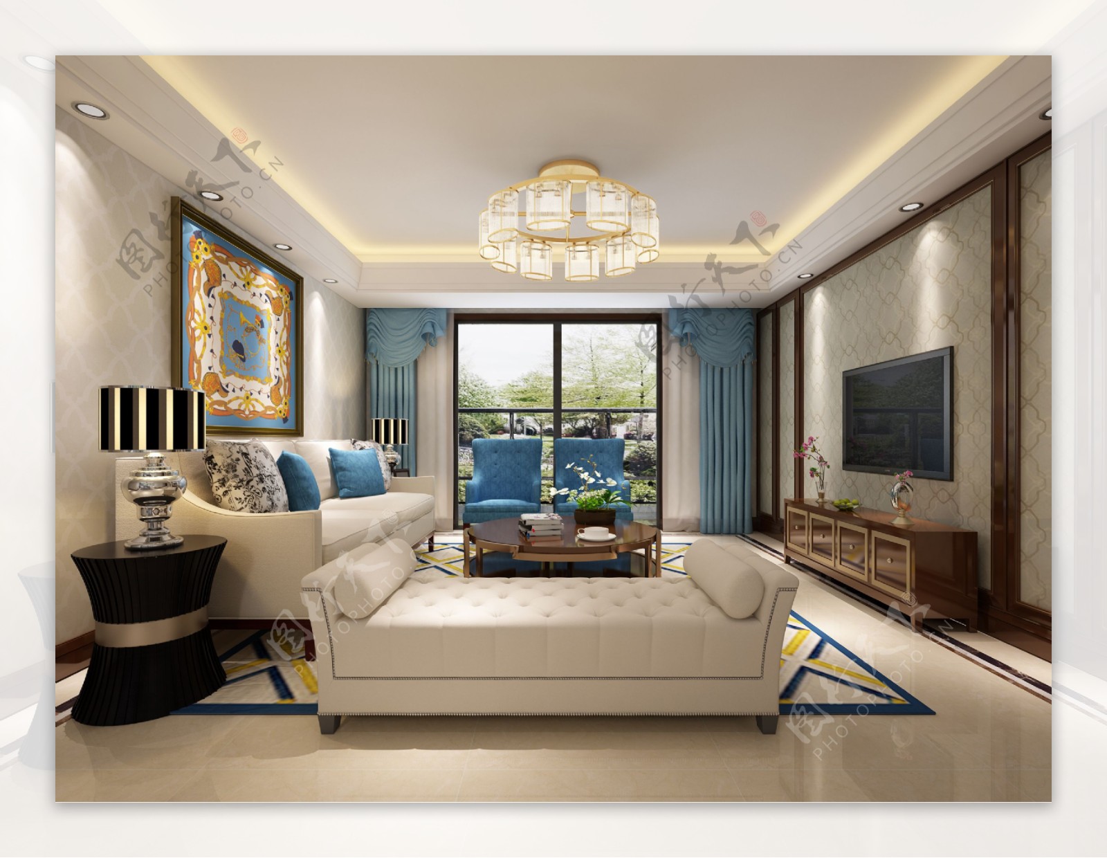 美式清新客厅蓝色沙发椅室内装修效果图
