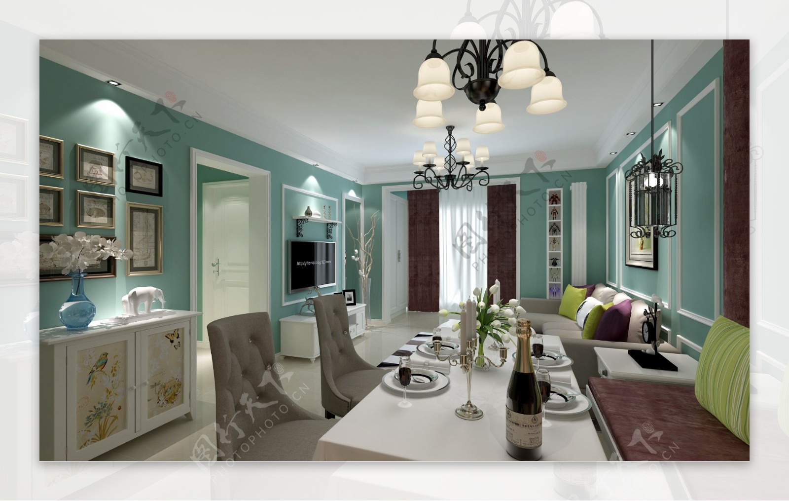美式客厅薄荷绿墙面装饰室内装修效果图