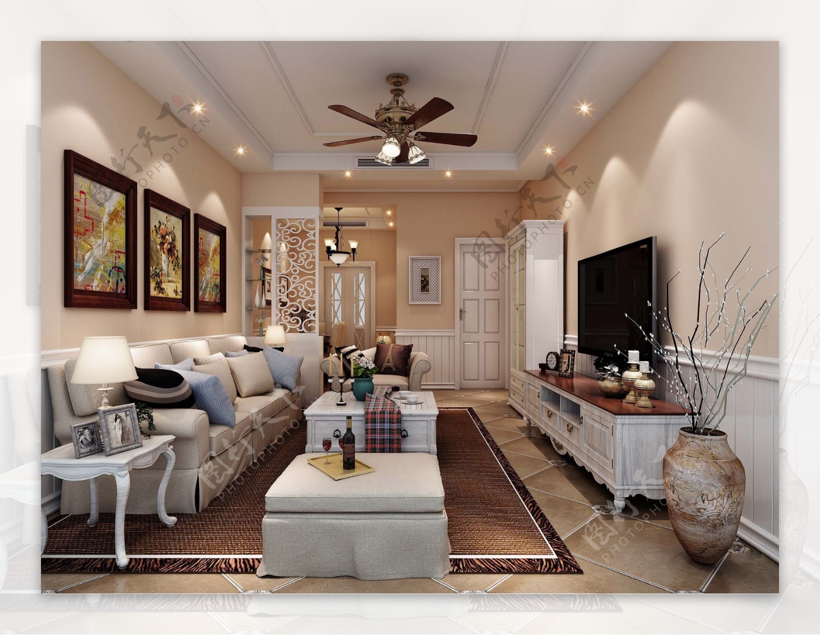 美式清新客厅褐色花纹花瓶室内装修效果图