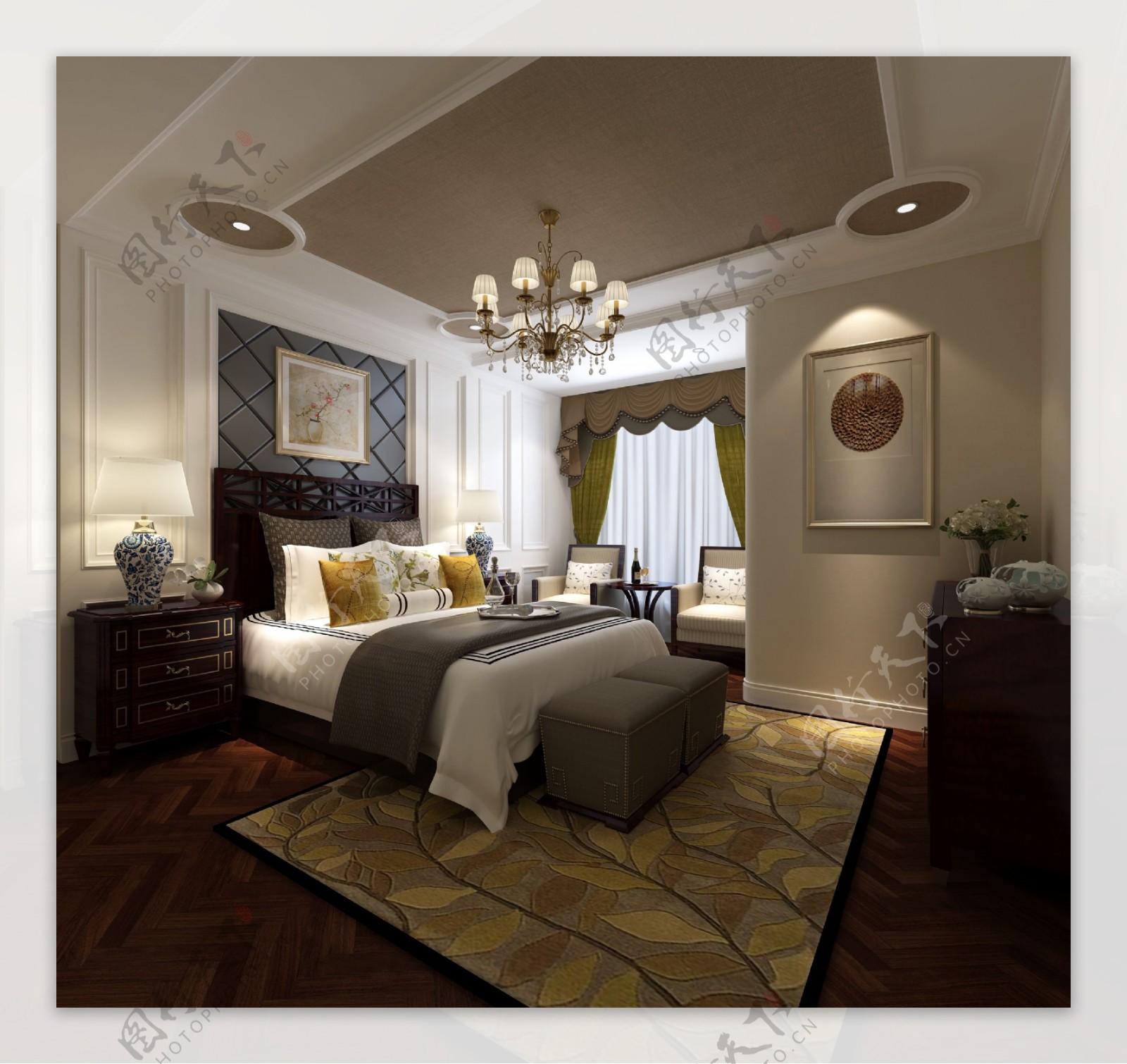 现代高端卧室黄色树叶图案地毯室内效果图