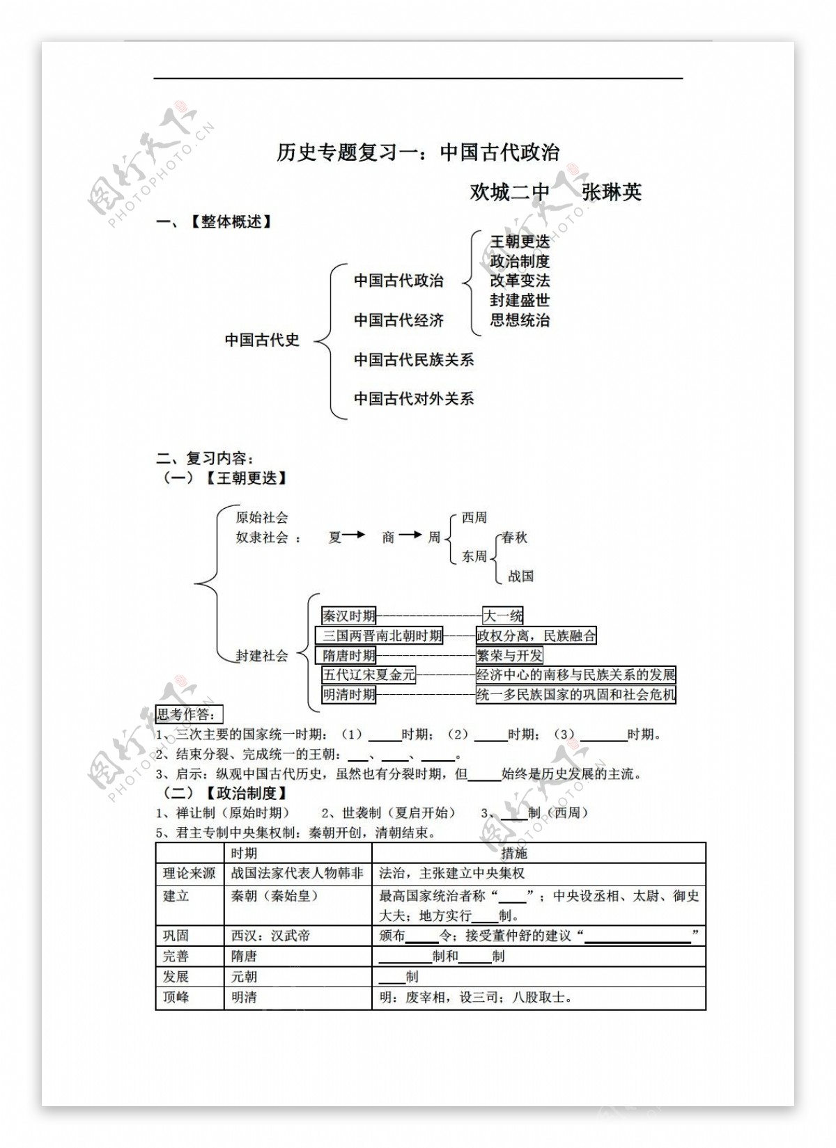 中考专区历史中考复习学案中国古代政治无答案