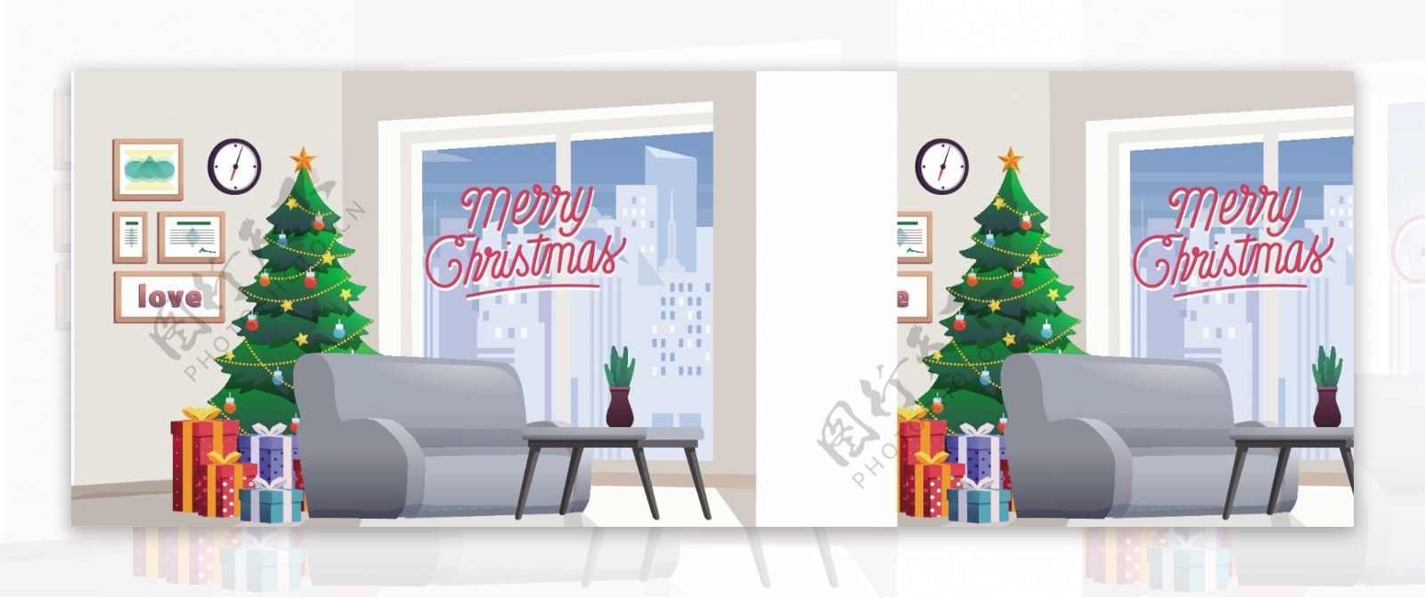 卡通室内圣诞树沙发装饰插画