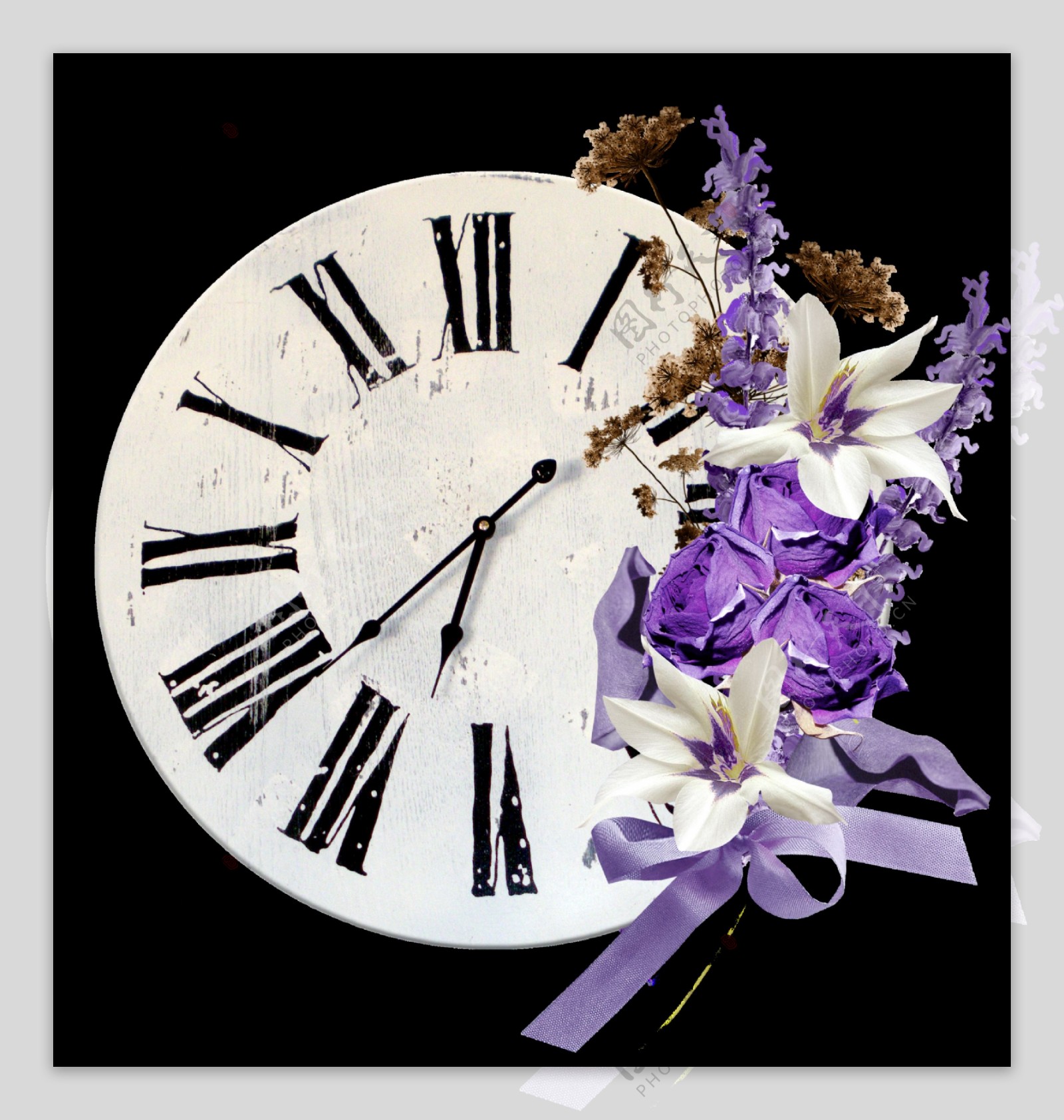 时尚现代感花卉装饰时钟png透明素材