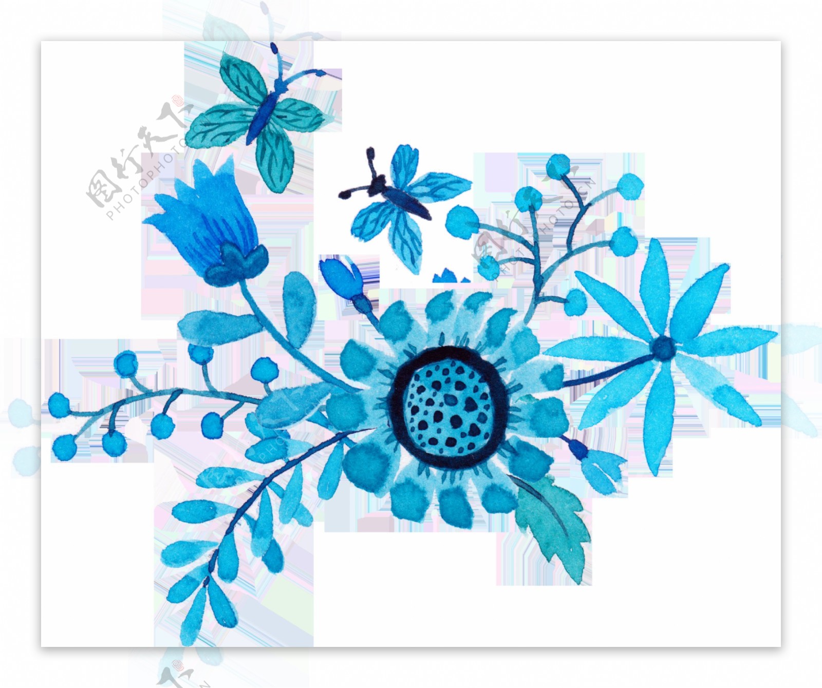 精致蓝色花卉卡通透明素材