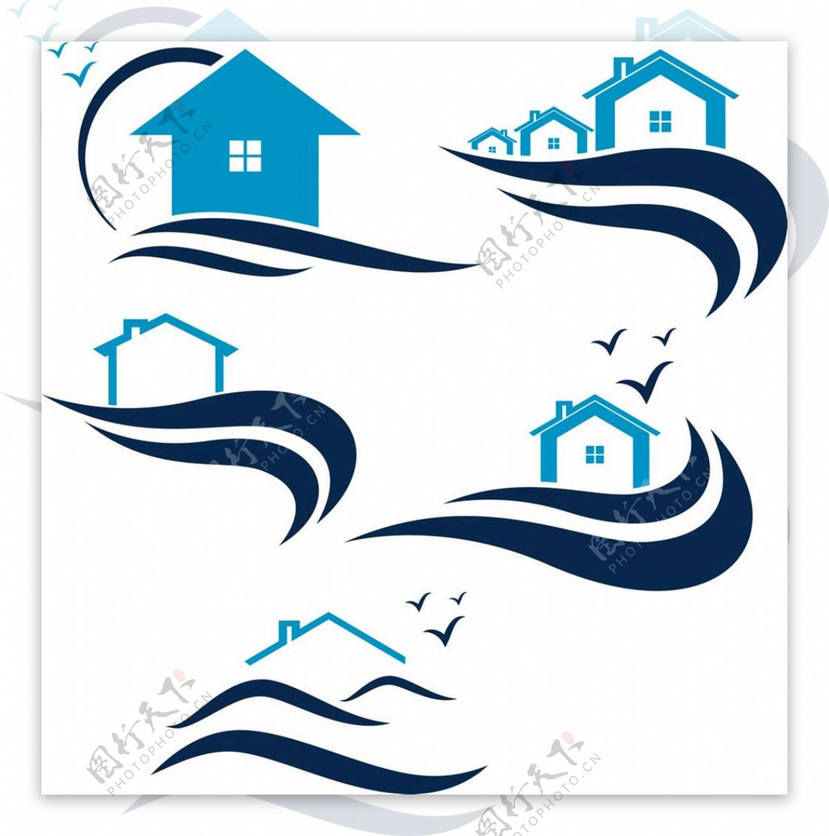 蓝色曲线别墅房屋标志图片
