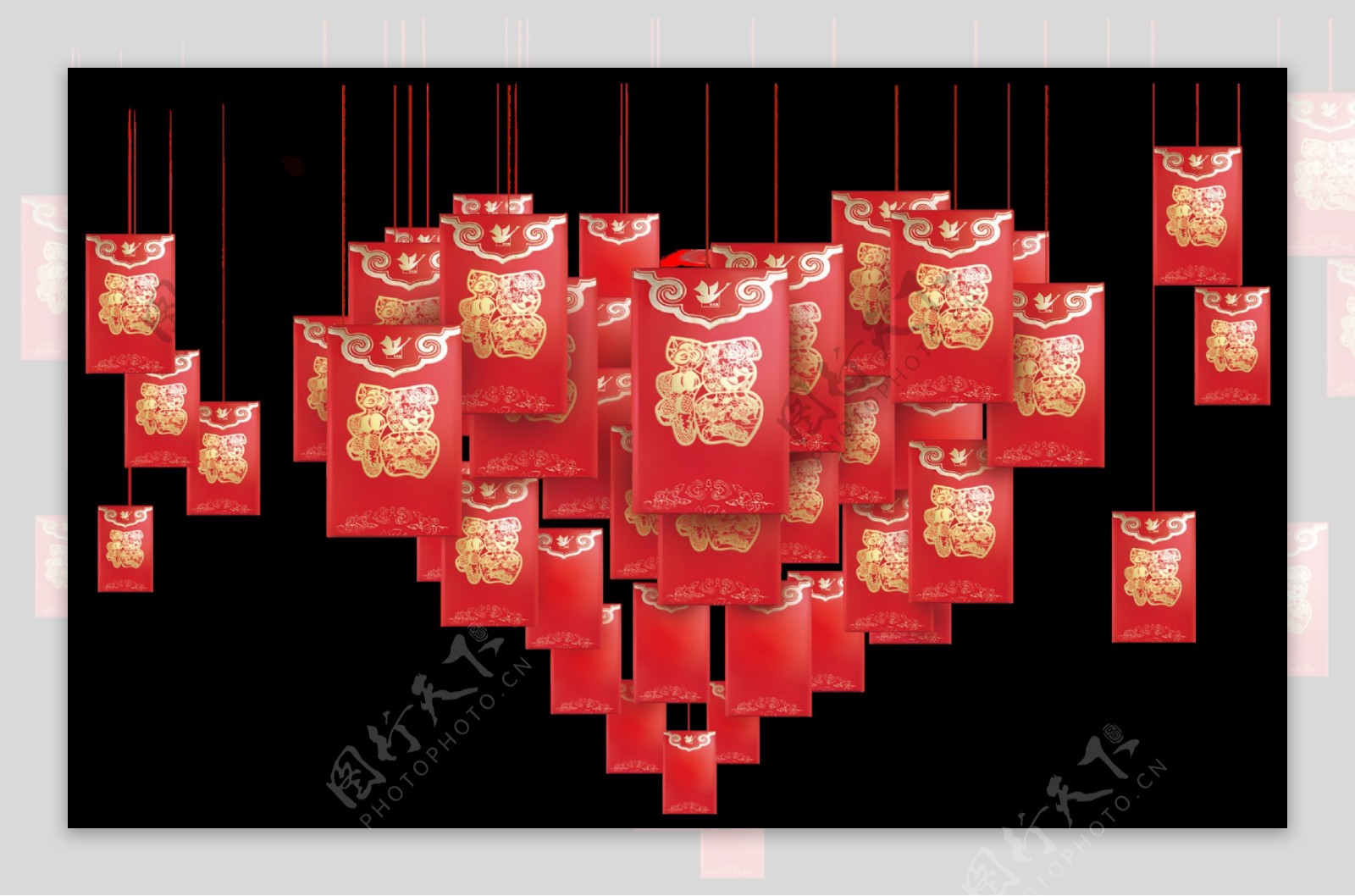 春节红包设计心形装饰图png透明素材