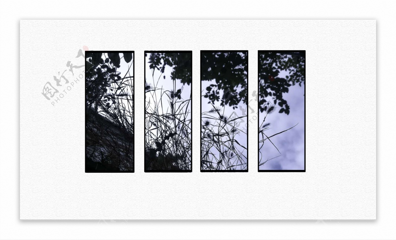 树叶剪影黑白素雅质朴系列四扇装饰画