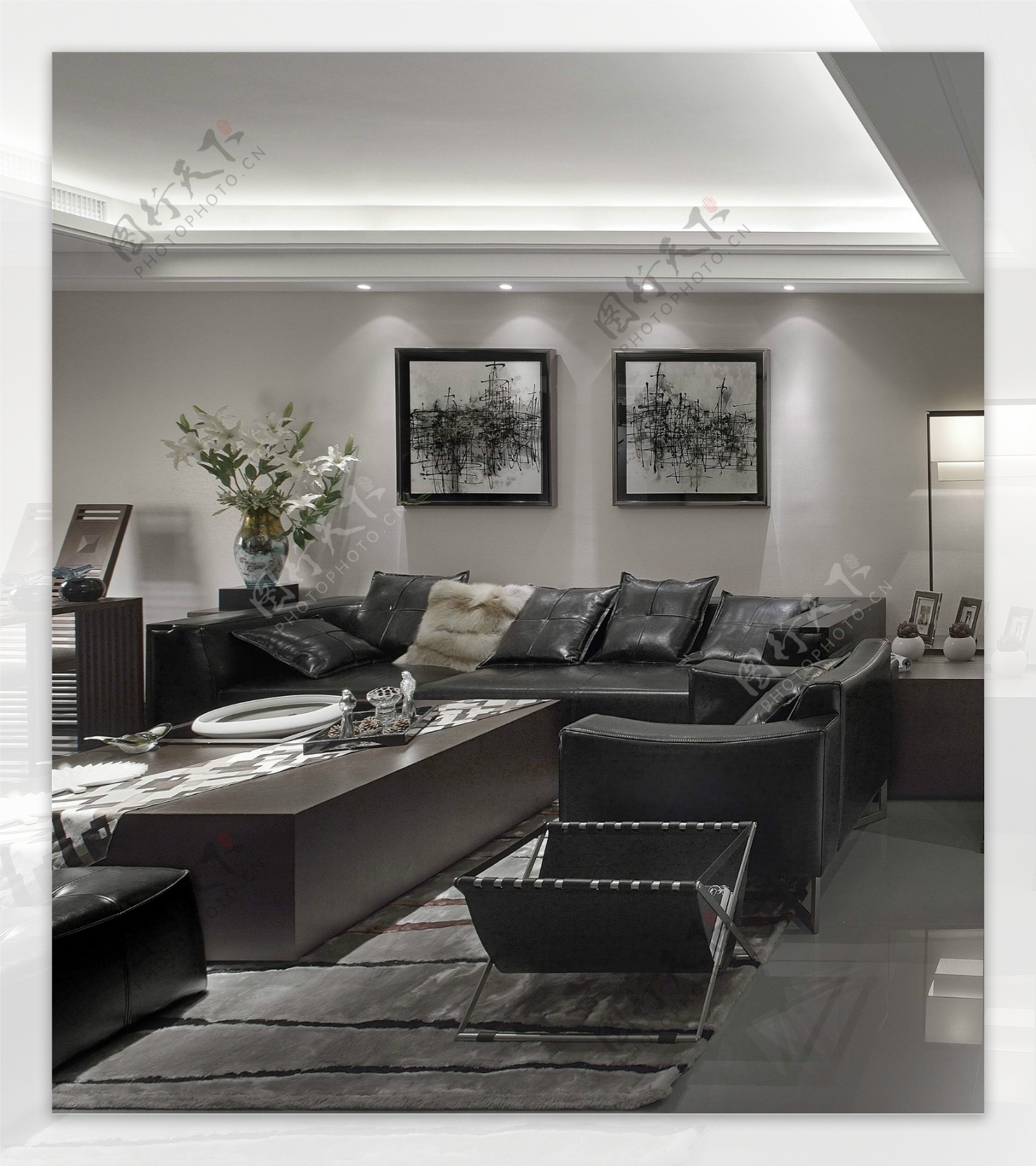 现代时尚客厅黑色家具室内装修效果图