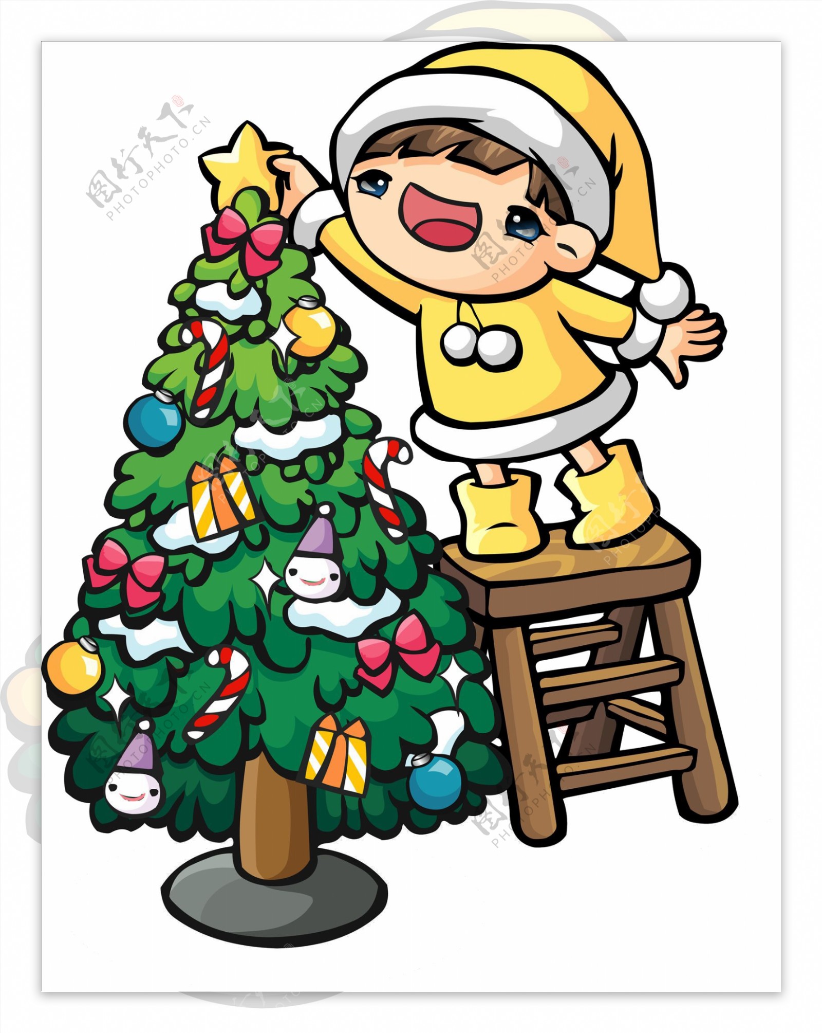 爬上梯子摘圣诞树星星的小女孩元素