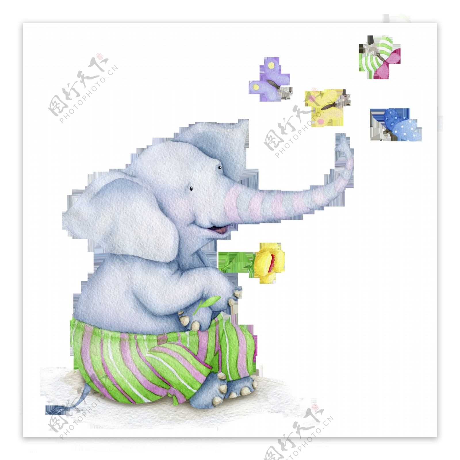 大象与蝴蝶卡通水彩透明素材