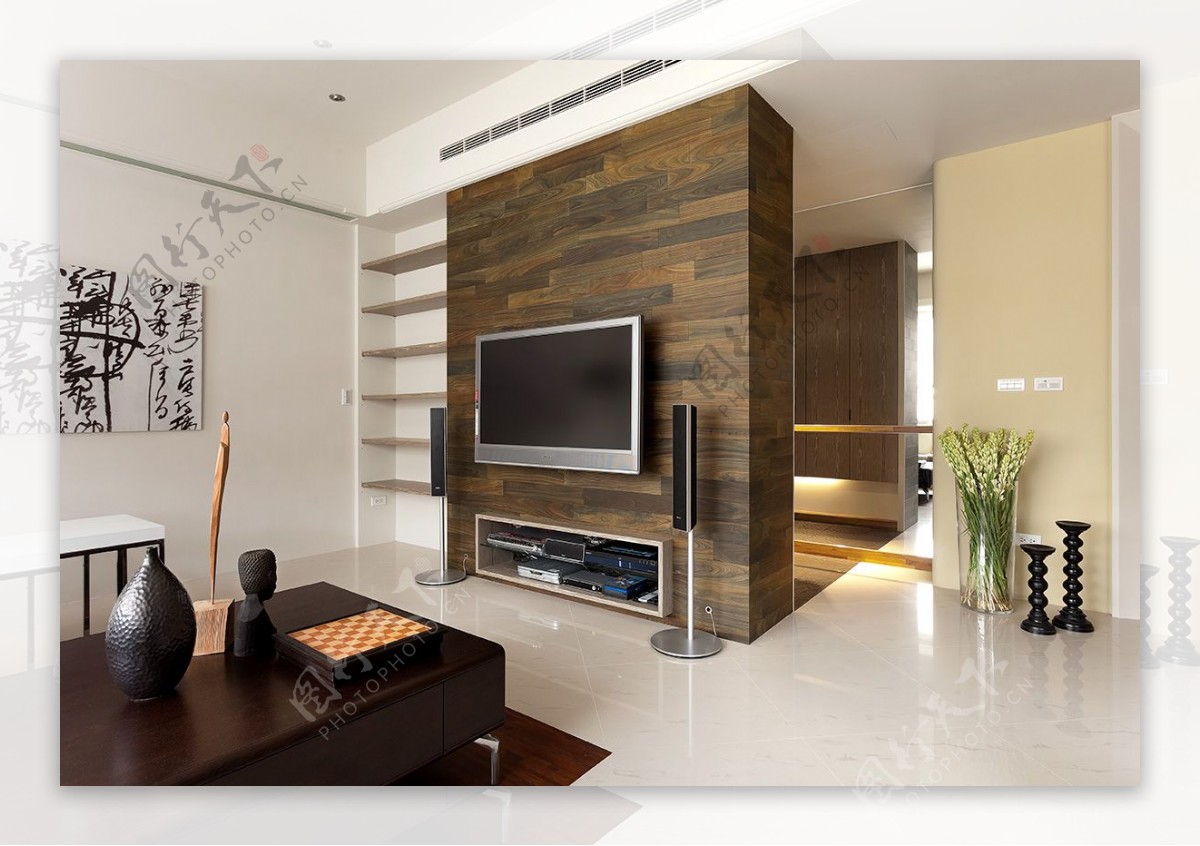 现代清新客厅深褐背景墙室内JPEG效果图