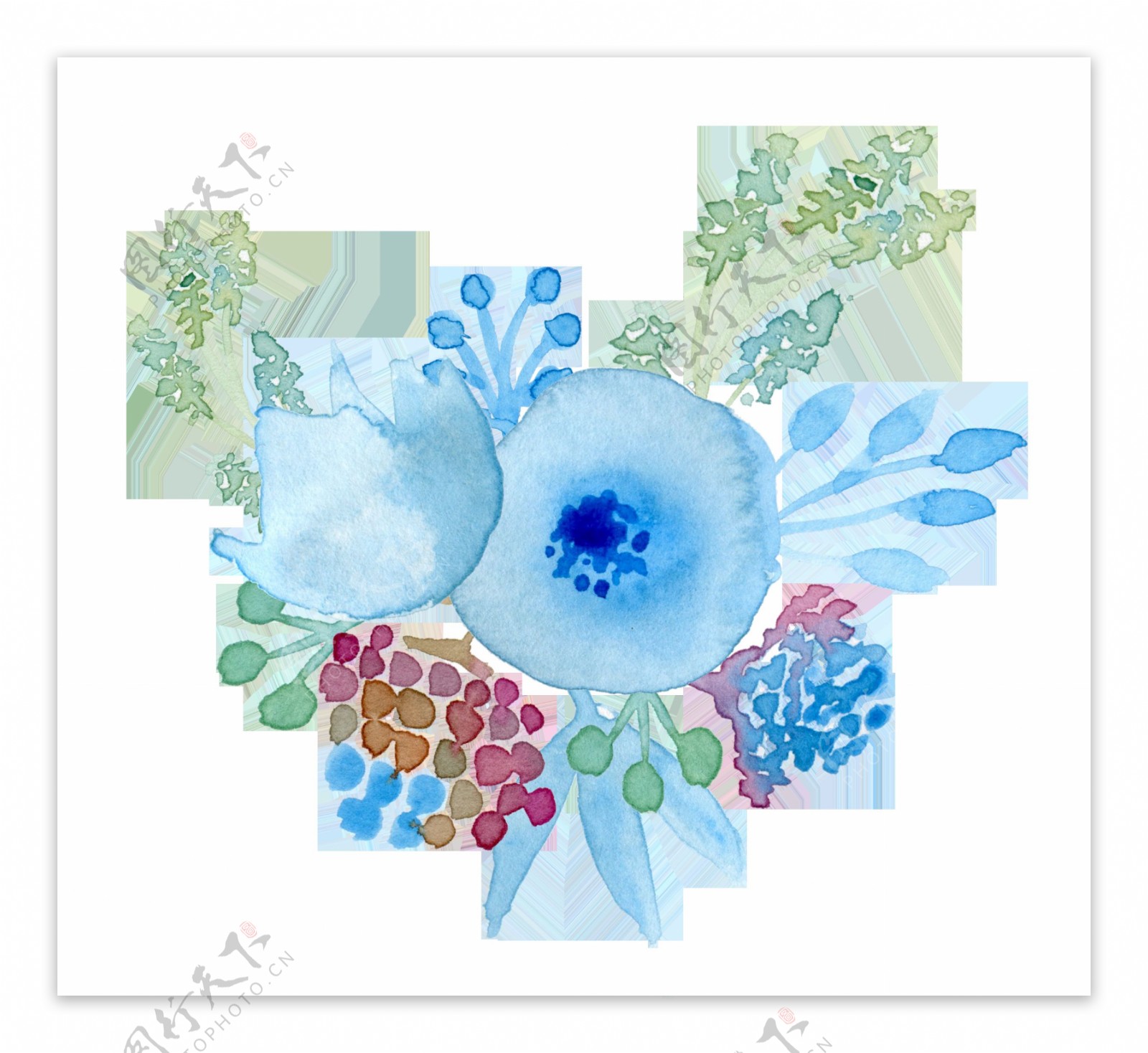 手绘水蓝色水彩花png透明素材