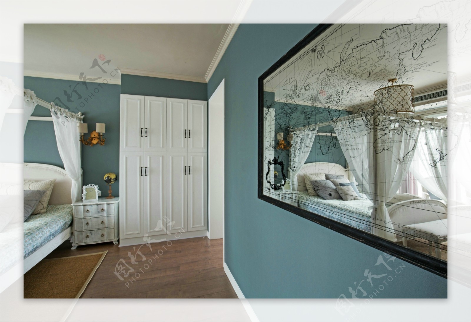北欧清新卧室蓝灰色背景墙室内装修效果图