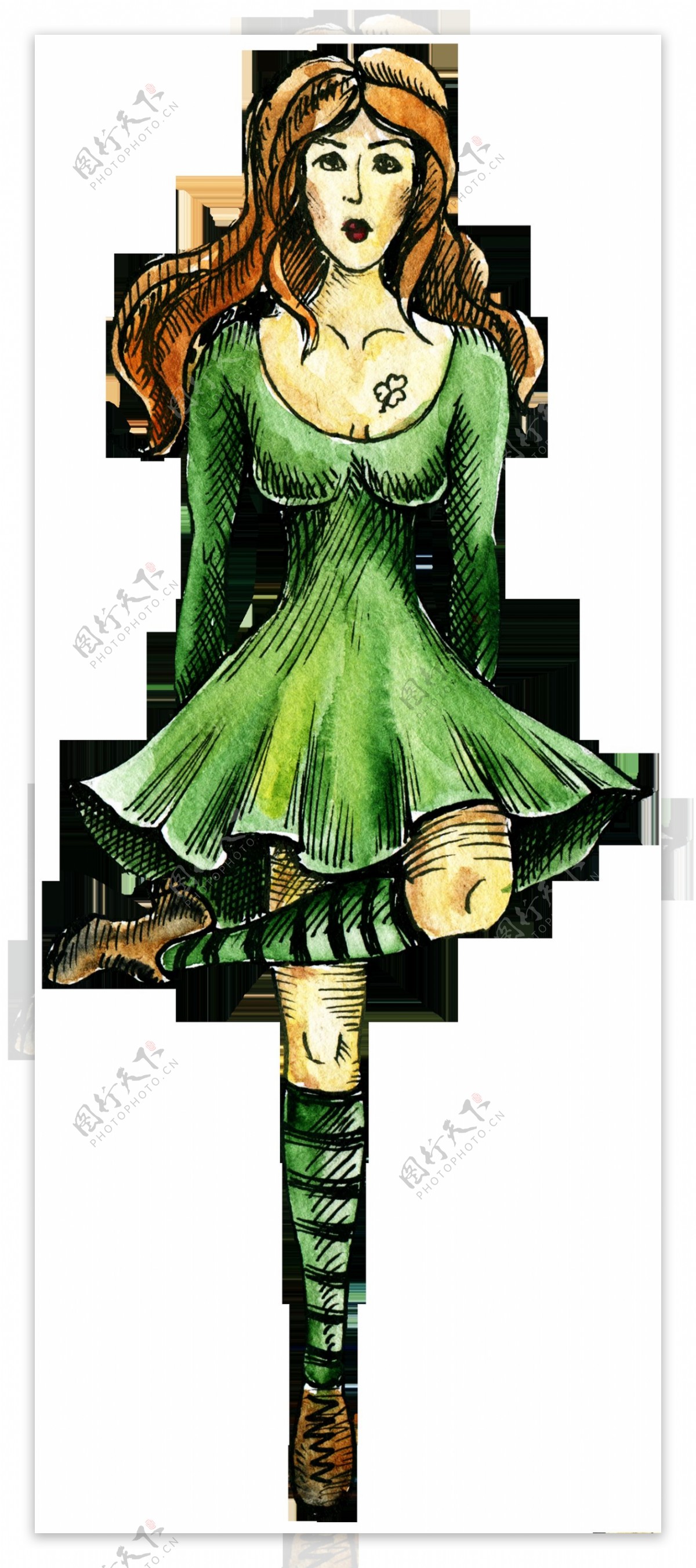 绿色女人卡通透明素材