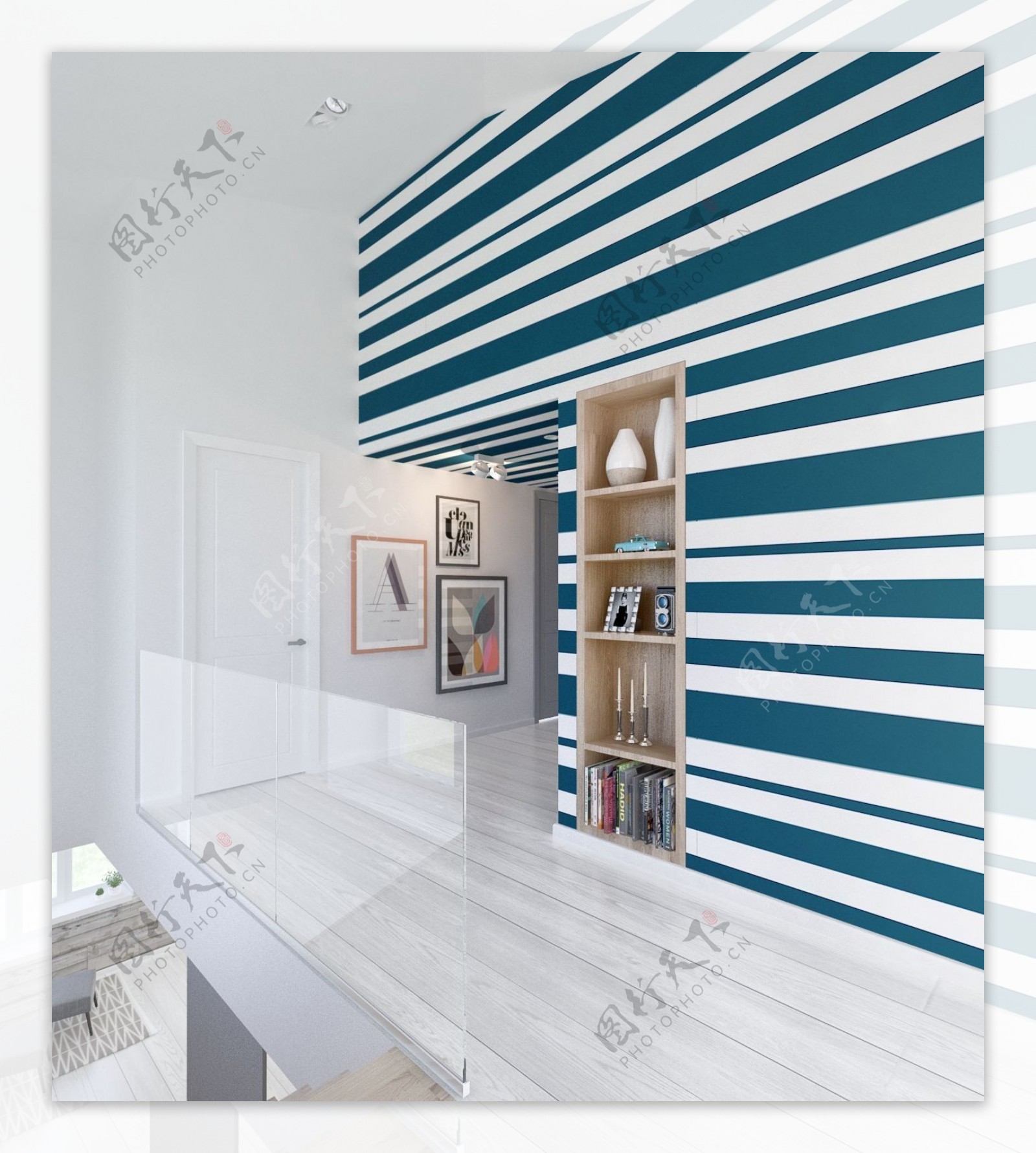 现代时尚客厅白蓝条纹背景墙室内装修效果图