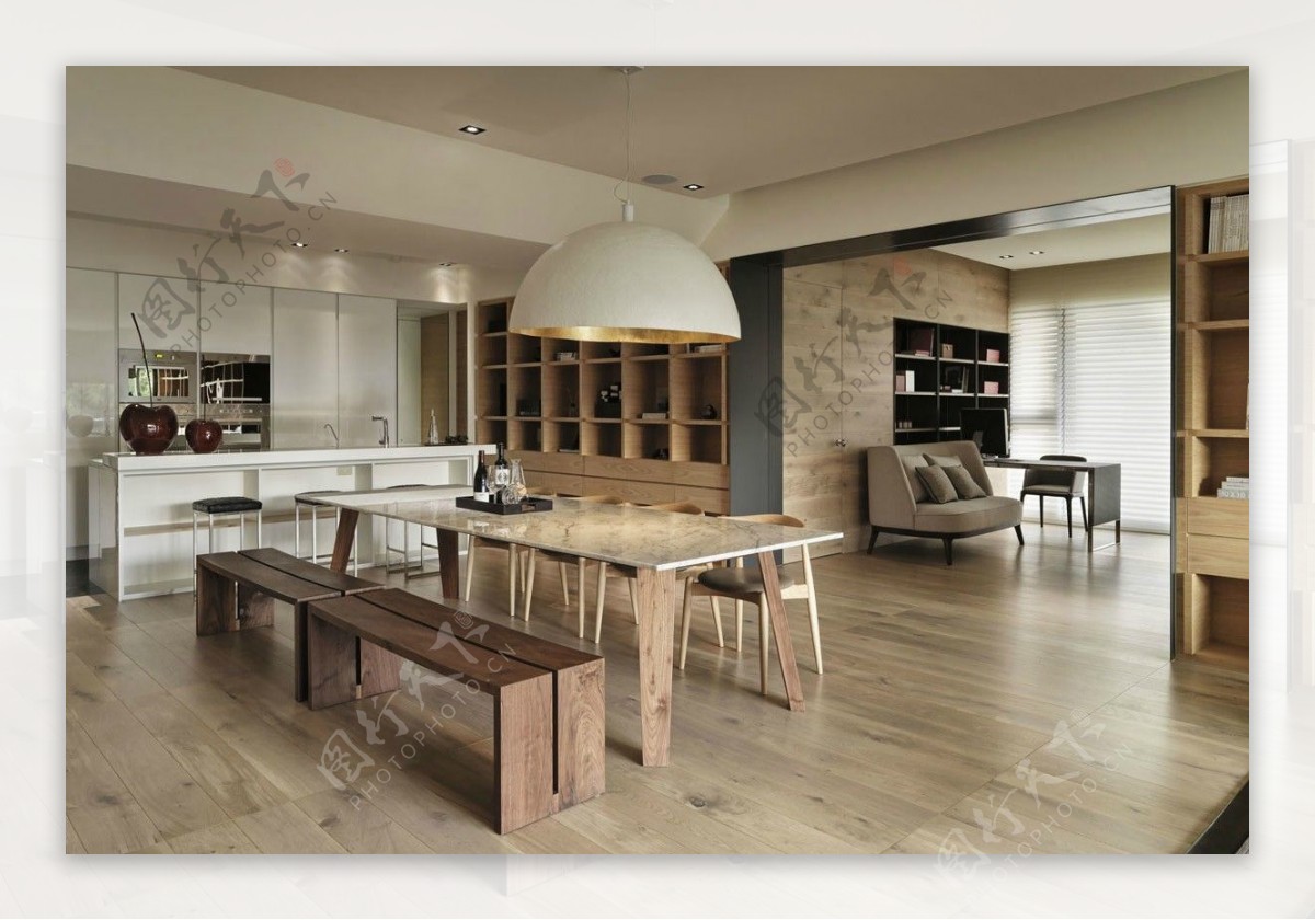 现代清新客厅木制餐桌椅室内装修效果图