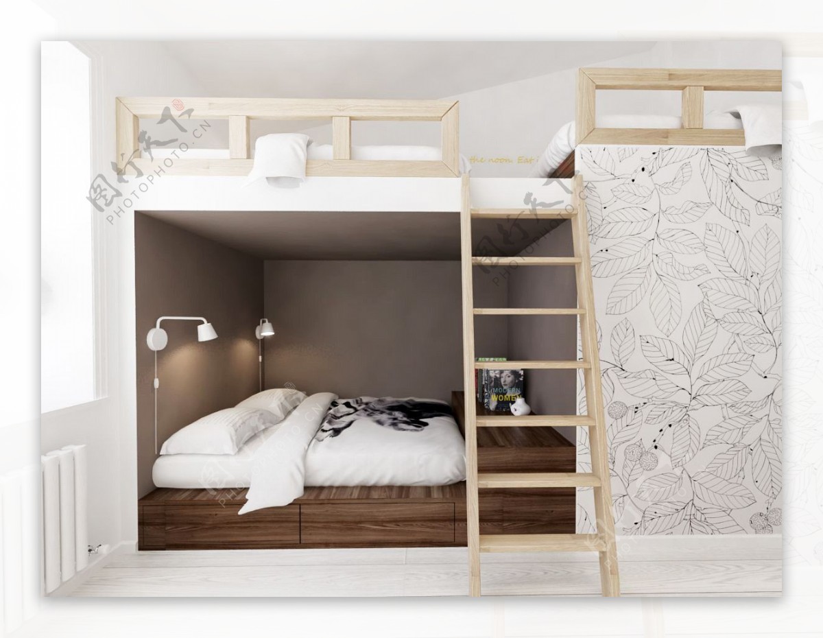 现代清新卧室木制梯子室内装修效果图
