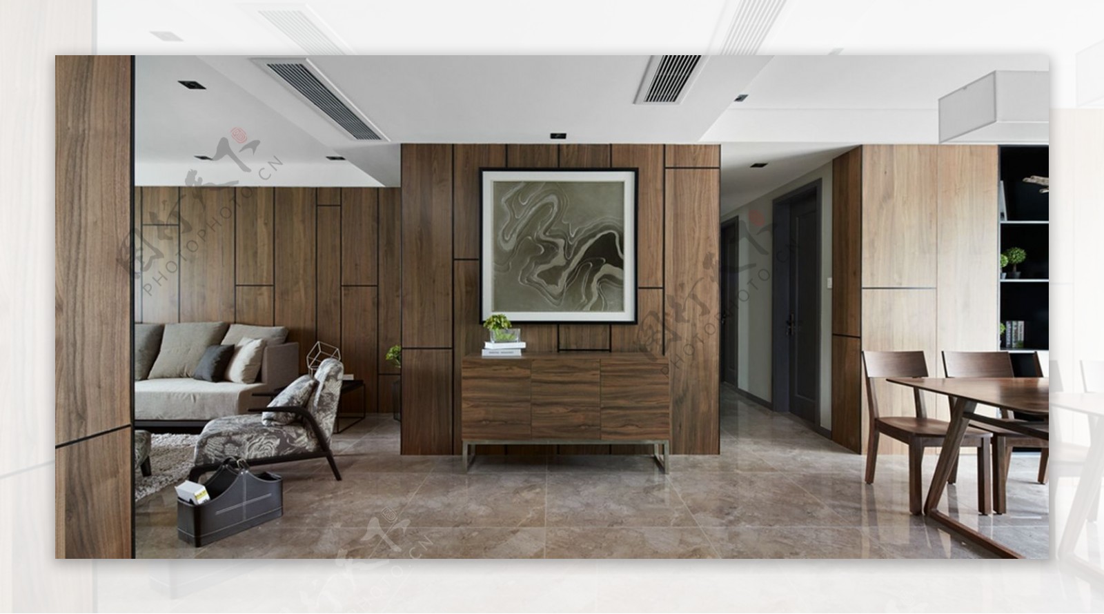 中式雅致客厅深褐色瓷砖地板室内装修效果图