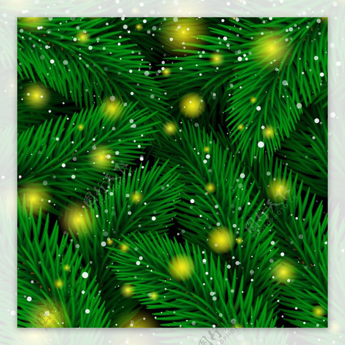 冷杉树的树枝和星星的光矢量的无缝图案