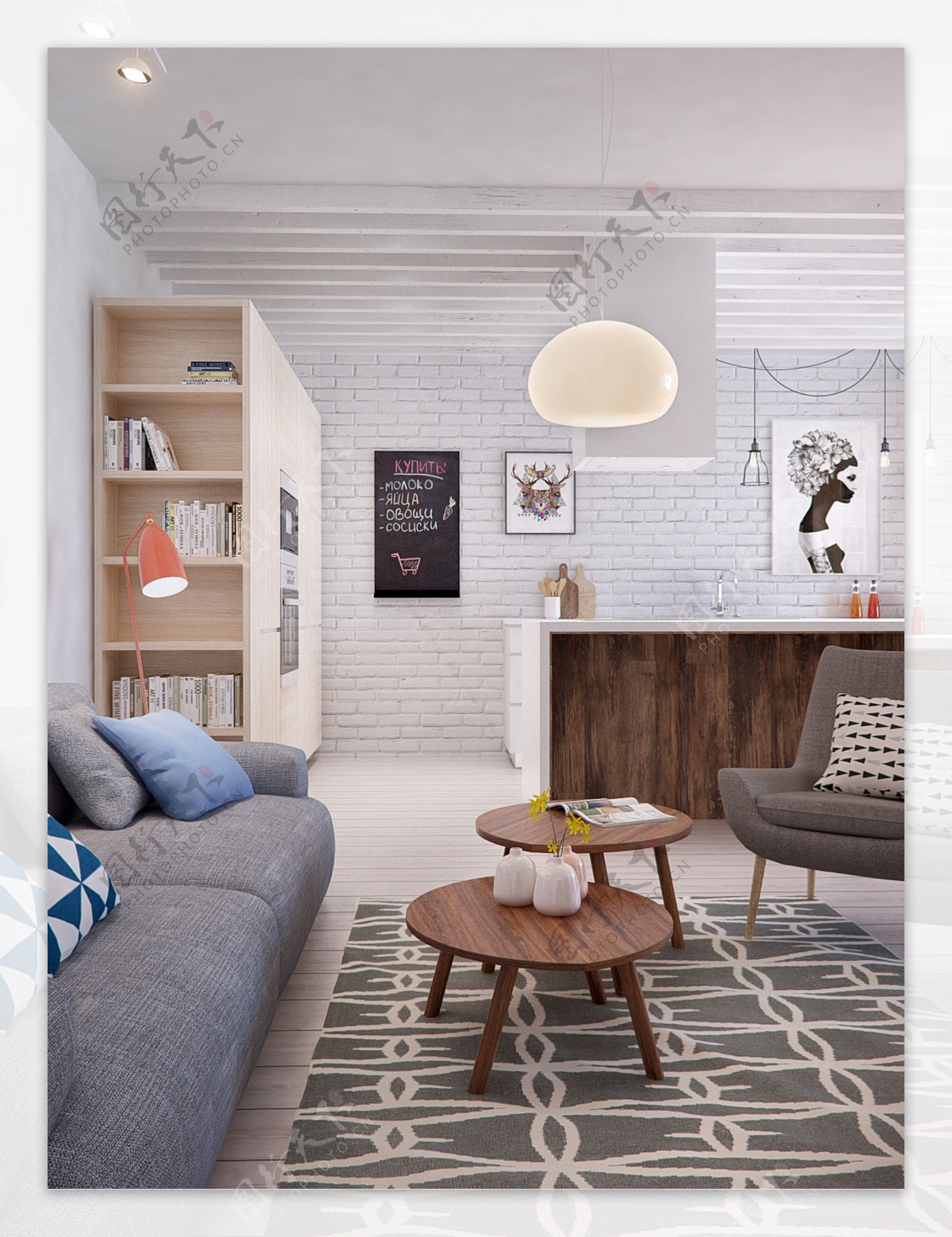 现代简约客厅浅褐色花纹地毯室内装修效果图