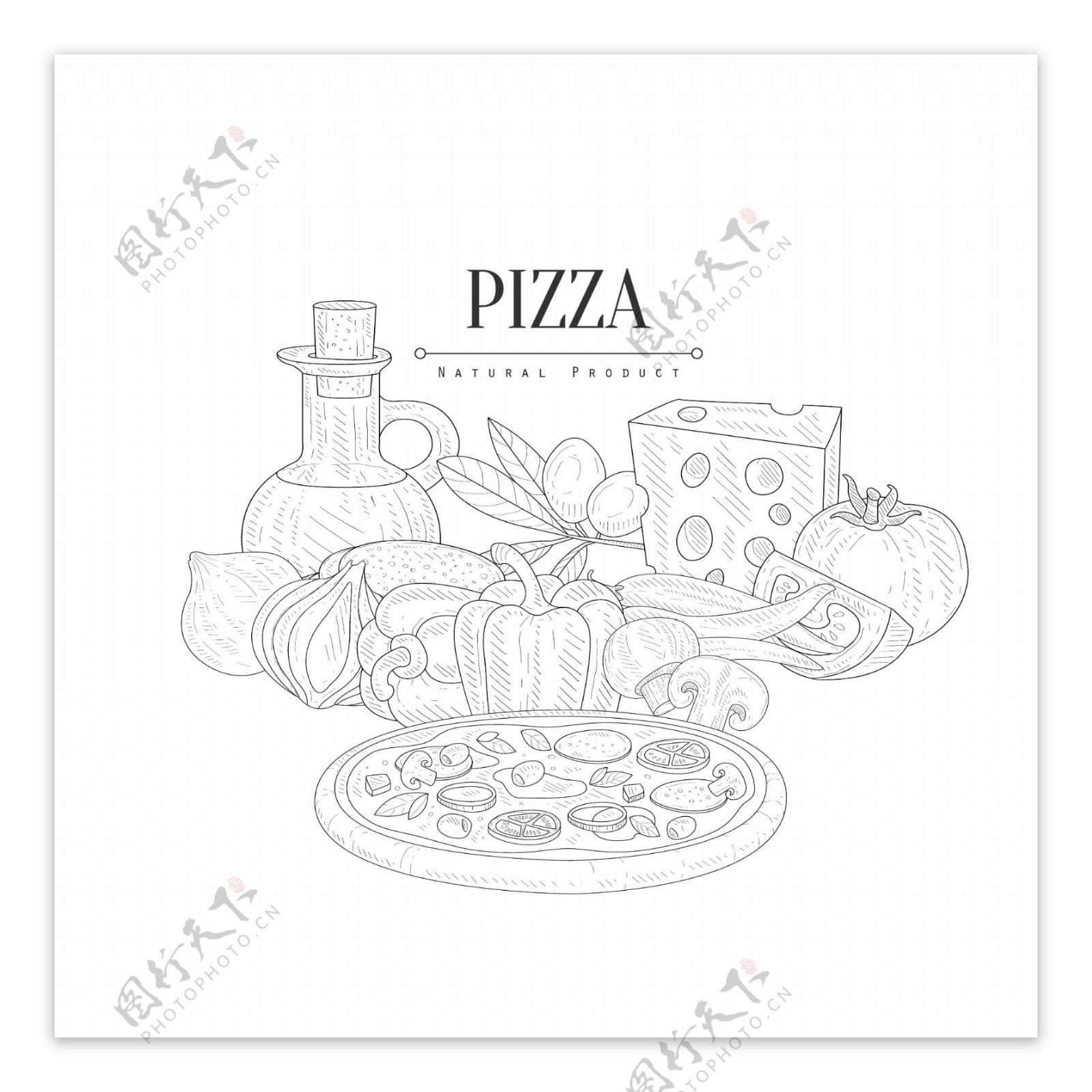 黑白手绘线条披萨和食材插画
