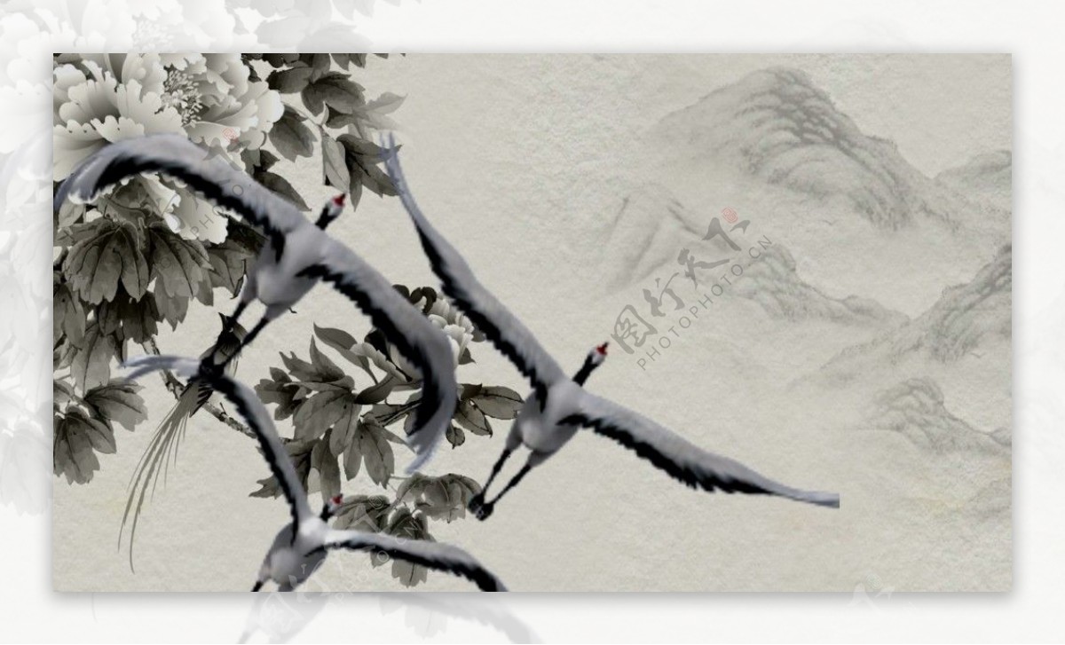 中国风山水画飞舞的仙鹤视频