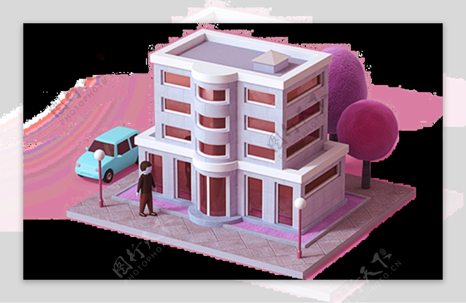 粉色多层建筑场景图案