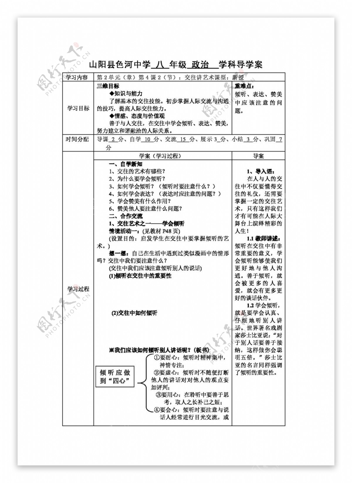 八年级上册思想品德陕西省鲁教版八年级政治上册242交往讲艺术导学案